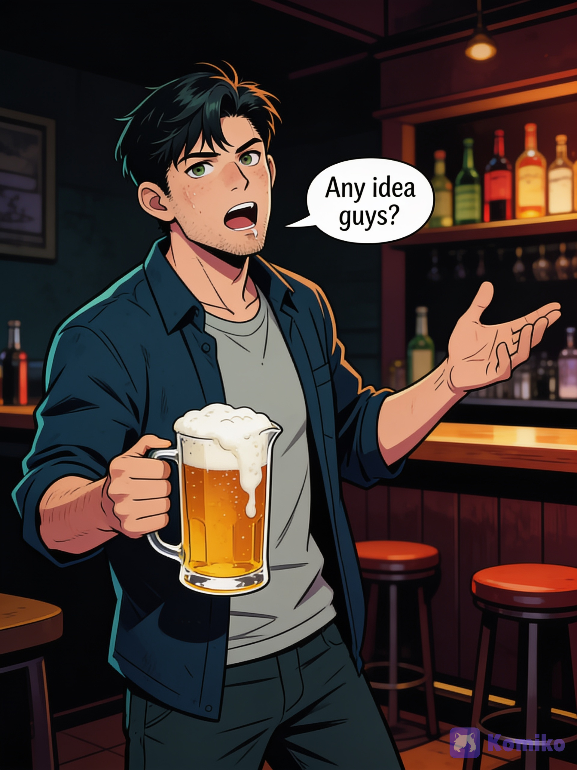 Hazlo en un bar, borracho, con una jarra de cerveza, diciendo "Any idea guys?
