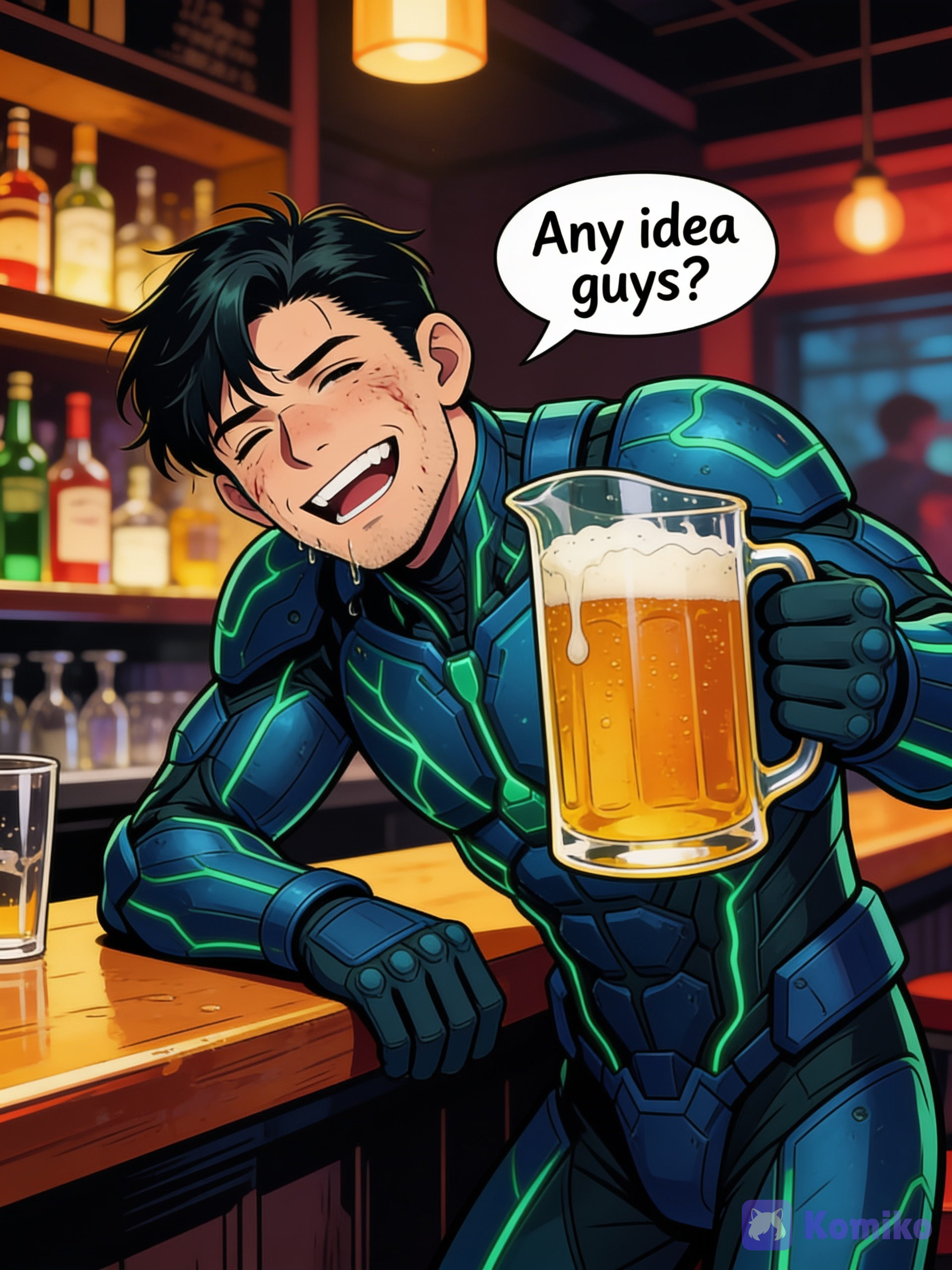 Hazlo en un bar, borracho, con una jarra de cerveza, diciendo "Any idea guys?