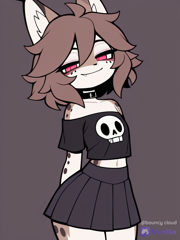 1boy, solo, furry, lynx boy, lynx ears, pointy ears, two-tone fur, (brown fur, white fur), brown head, dark-brown spots, dark-brown hair, short hair, fluffy hair, hair between eyes, streaked hair, red eyes, black pupils, slit pupils, fang, spiked teeth, navel, exposed navel, flat chest, thick thighs, wide chest, left-handed, (black t-shirt, cropped t-shirt, off-shoulder t-shirt, skull print, black skirt, pleated skirt, medium skirt, lowleg skirt), black collar, light smile, half-closed eyes, looking at viewer, [pop-toon-style], facing viewer, v-fingers, no lineart, 1boy, 1girl, 2people