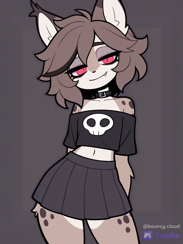1boy, solo, furry, lynx boy, lynx ears, pointy ears, two-tone fur, (brown fur, white fur), brown head, dark-brown spots, dark-brown hair, short hair, fluffy hair, hair between eyes, streaked hair, red eyes, black pupils, slit pupils, fang, spiked teeth, navel, exposed navel, flat chest, thick thighs, wide chest, left-handed, (black t-shirt, cropped t-shirt, off-shoulder t-shirt, skull print, black skirt, pleated skirt, medium skirt, lowleg skirt), black collar, light smile, half-closed eyes, looking at viewer, [pop-toon-style], facing viewer, v-fingers, no lineart, 1boy, 1girl, 2people