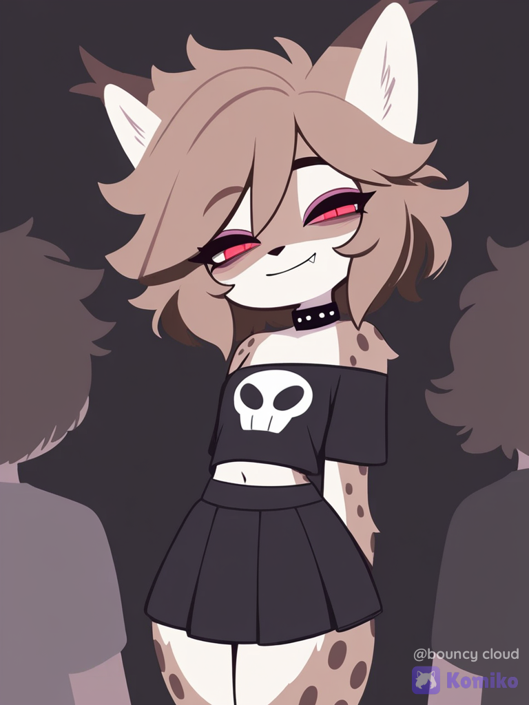 1boy, solo, furry, lynx boy, lynx ears, pointy ears, two-tone fur, (brown fur, white fur), brown head, dark-brown spots, dark-brown hair, short hair, fluffy hair, hair between eyes, streaked hair, red eyes, black pupils, slit pupils, fang, spiked teeth, navel, exposed navel, flat chest, thick thighs, wide chest, left-handed, (black t-shirt, cropped t-shirt, off-shoulder t-shirt, skull print, black skirt, pleated skirt, medium skirt, lowleg skirt), black collar, light smile, half-closed eyes, looking at viewer, [pop-toon-style], facing viewer, v-fingers, no lineart, 1boy, 1girl, 2people