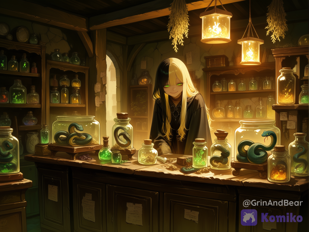 @vale-vxI4, standing behind wooden counter, leaning on counter, mysterious smile, half-lidded eyes, dimly lit shop, rundown interior, cluttered shelves, glass jars, jars of liquid, potion bottles, medicine bottles, labeled containers, dried herbs hanging from ceiling, snake cages, terrariums, snakes in enclosures, serpents coiled, reptile tanks, cobra, python, venomous snakes, glowing eyes in darkness, warm amber lighting, dramatic shadows, wooden beams, cracked walls, antique furniture, mysterious atmosphere, occult shop, apothecary, witchy aesthetic, cluttered countertop, scales, mortar and pestle, old books, spell ingredients, highly intricate details, sharp focus, atmospheric lighting, cinematic composition, depth of field, [sensual-glossy-style]