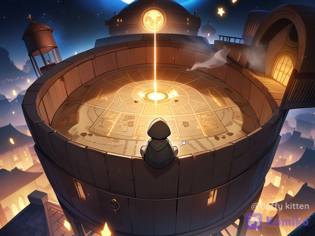 OC, A secret rooftop hideout high above a futuristic city at night, hidden between old water tanks, glowing lanterns, hanging plants, and mysterious wooden crates. In the center stands a magical door glowing with golden light, opening into an impossible world filled with floating islands and stars. A young adventurer sits nearby with a backpack, maps, and an ancient golden key. Neon city lights below, moonlit sky, cozy yet mysterious atmosphere, cinematic composition, fantasy anime illustration, intricate environmental details, dramatic lighting, highly ., @Kamisato_Ayaka