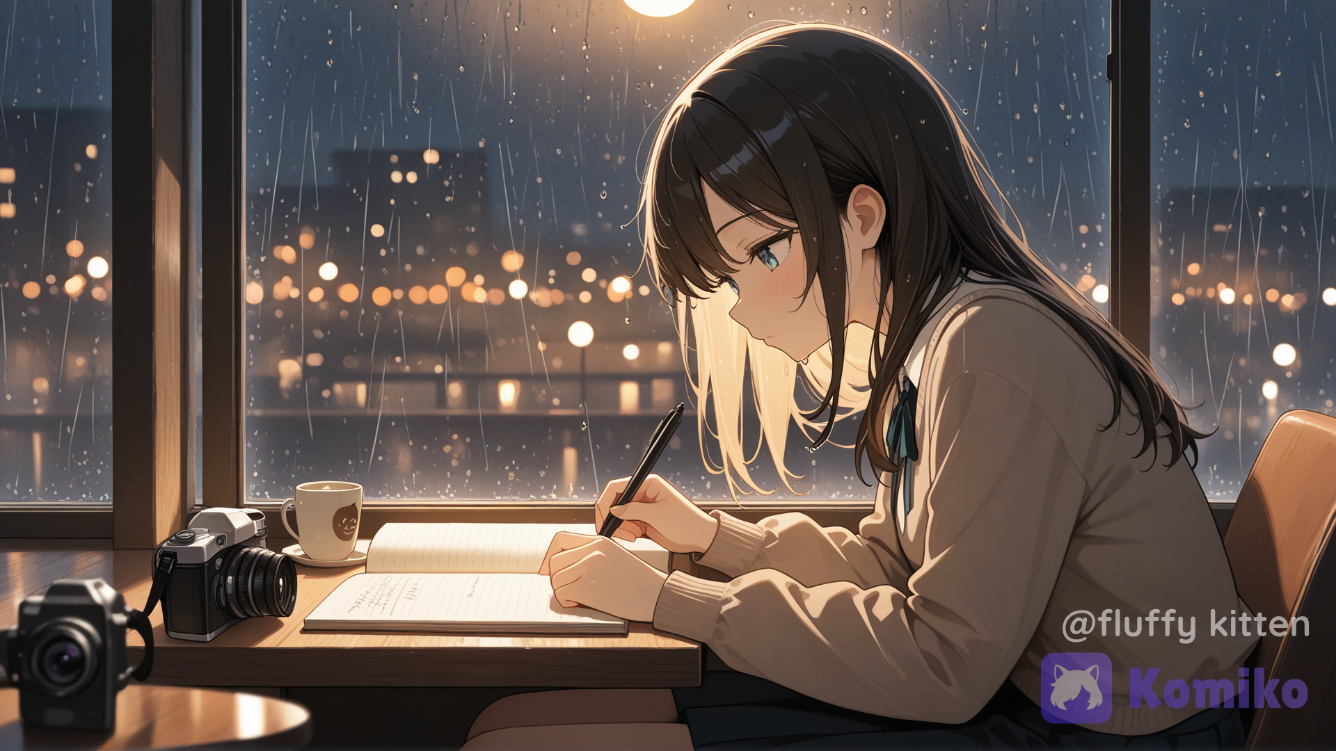 OC, Slow pan right, warm ambient cafe lighting, rain drops on window glass, gentle camera zoom towards girl looking at notebook, cinematic film movement, smooth camera motion.