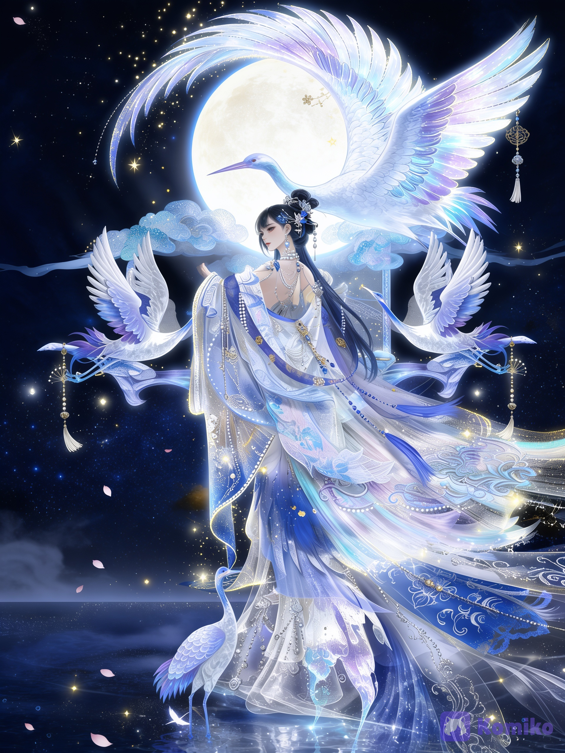 A breathtaking full-body portrait of an elegant celestial Chinese woman in an ethereal ancient Chinese fantasy setting, surrounded by magnificent white-and-blue cranes. The woman has a graceful, delicate appearance with fair porcelain skin, refined East Asian facial features, long dark blue-black hair styled in an elaborate traditional updo with delicate silver-blue hair ornaments, floral hairpins, dangling pearl accessories, and intricate decorative pieces. Her expression is calm, serene, elegant, and slightly distant, with a soft mysterious gaze. She wears an extremely elaborate **traditional Chinese hanfu inspired by an immortal celestial maiden**, predominantly **icy white, pale blue, silver, and subtle lavender-blue**. The outfit consists of multiple translucent flowing layers, wide elegant sleeves, long trailing fabric, delicate embroidered patterns, intricate silver ornaments, pearl chains, crystal-like accessories, blue floral motifs, and extremely fine traditional Chinese embroidery. The fabrics are lightweight, translucent, silky, and layered, creating a beautiful floating effect as if moving gently in the wind. Her clothing is decorated with **ornate crane and cloud motifs**, delicate floral embroidery, shimmering silver thread, tiny pearls, blue gemstones, and intricate celestial patterns. Long translucent ribbons and layers of fabric flow dramatically around her body and extend across the lower composition, creating an elegant sweeping silhouette. Several magnificent **white celestial cranes** surround her. One enormous majestic crane forms a dramatic curved shape above and behind the woman, its enormous wings spreading gracefully across the upper composition. Its feathers are predominantly pure white with subtle icy-blue and lavender iridescence, individually and softly glowing. Other cranes fly gracefully around her, with one positioned near her lower body and another soaring beside her. Their feathers should look delicate, layered, luminous, and highly . A large glowing **full moon** is visible behind the characters, partially obscured by translucent clouds and mist. Surround the scene with floating golden particles, tiny glowing stars, soft magical dust, drifting petals, delicate hanging ornaments, and subtle celestial light. The background is a sophisticated **deep midnight blue and indigo celestial landscape**, with subtle black-blue gradients, misty atmospheric layers, distant branches and elegant ancient Chinese decorative elements. Add subtle **golden cracks and ornamental patterns** integrated into the background, creating an antique mystical feeling. The dark background should strongly contrast with the luminous white clothing and cranes. Use a harmonious palette of **icy white, pearl white, pale cyan, sapphire blue, lavender, silver, deep navy, and restrained warm gold accents**. The composition should feel like a luxurious ancient Chinese fantasy artwork: highly ornamental, elegant, ethereal, majestic, dreamlike, and visually rich. Strong vertical composition, full-body character, dynamic flowing fabric, sweeping crane wings, layered depth, balanced composition, intricate details everywhere without becoming messy. **Lighting:** soft moonlight, luminous blue rim lighting, subtle golden highlights, gentle volumetric light, glowing feather edges, sparkling reflections on pearls and embroidery, delicate atmospheric haze, cinematic depth, soft magical illumination. **Style:** premium Chinese fantasy illustration, high-end ancient Chinese xianxia aesthetic, elegant traditional painting elements combined with polished anime rendering, intricate linework, painterly gradients, translucent fabrics, luminous details, sophisticated color transitions, extremely costume and feathers, graceful dynamic composition, luxurious fantasy artwork, no photorealism. **Important:** preserve the elegant overall composition, the celestial crane motif, the flowing layered hanfu, the large curved crane wings above the character, the moonlit blue atmosphere, and the luxurious white-blue-gold color palette. **Negative prompt:** text, Chinese characters, logo, watermark, signature, UI elements, modern clothing, modern objects, photorealistic, 3D render, western fantasy armor, messy composition, flat colors, dull lighting, excessive saturation, oversaturated gold, short dress, simplified clothing, missing details, bad hands, extra fingers, extra limbs, malformed birds, deformed crane wings, distorted face, blurry feathers, low detail, cropped body, cut-off feet, cluttered background.