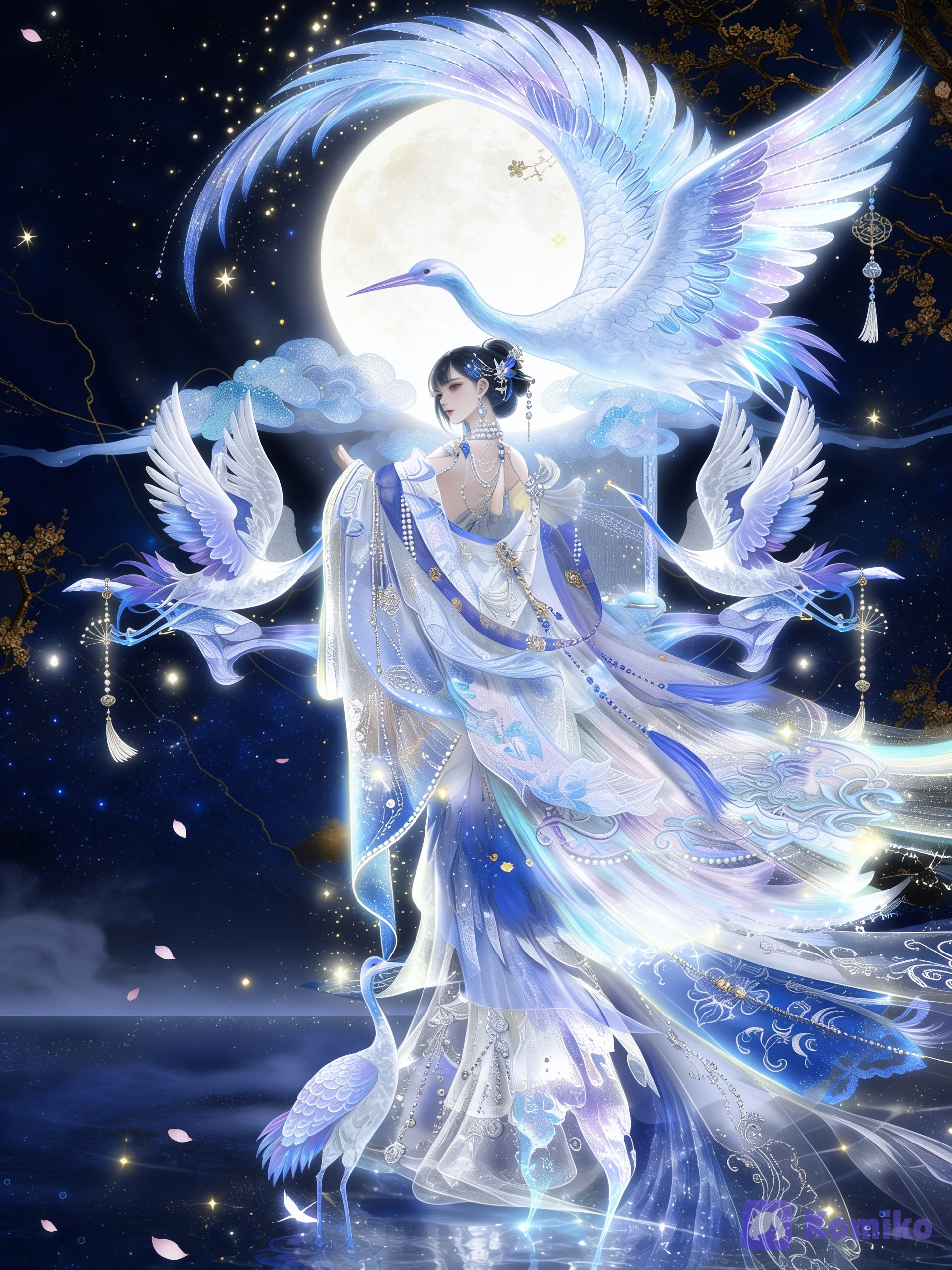 A breathtaking full-body portrait of an elegant celestial Chinese woman in an ethereal ancient Chinese fantasy setting, surrounded by magnificent white-and-blue cranes. The woman has a graceful, delicate appearance with fair porcelain skin, refined East Asian facial features, long dark blue-black hair styled in an elaborate traditional updo with delicate silver-blue hair ornaments, floral hairpins, dangling pearl accessories, and intricate decorative pieces. Her expression is calm, serene, elegant, and slightly distant, with a soft mysterious gaze. She wears an extremely elaborate **traditional Chinese hanfu inspired by an immortal celestial maiden**, predominantly **icy white, pale blue, silver, and subtle lavender-blue**. The outfit consists of multiple translucent flowing layers, wide elegant sleeves, long trailing fabric, delicate embroidered patterns, intricate silver ornaments, pearl chains, crystal-like accessories, blue floral motifs, and extremely fine traditional Chinese embroidery. The fabrics are lightweight, translucent, silky, and layered, creating a beautiful floating effect as if moving gently in the wind. Her clothing is decorated with **ornate crane and cloud motifs**, delicate floral embroidery, shimmering silver thread, tiny pearls, blue gemstones, and intricate celestial patterns. Long translucent ribbons and layers of fabric flow dramatically around her body and extend across the lower composition, creating an elegant sweeping silhouette. Several magnificent **white celestial cranes** surround her. One enormous majestic crane forms a dramatic curved shape above and behind the woman, its enormous wings spreading gracefully across the upper composition. Its feathers are predominantly pure white with subtle icy-blue and lavender iridescence, individually and softly glowing. Other cranes fly gracefully around her, with one positioned near her lower body and another soaring beside her. Their feathers should look delicate, layered, luminous, and highly . A large glowing **full moon** is visible behind the characters, partially obscured by translucent clouds and mist. Surround the scene with floating golden particles, tiny glowing stars, soft magical dust, drifting petals, delicate hanging ornaments, and subtle celestial light. The background is a sophisticated **deep midnight blue and indigo celestial landscape**, with subtle black-blue gradients, misty atmospheric layers, distant branches and elegant ancient Chinese decorative elements. Add subtle **golden cracks and ornamental patterns** integrated into the background, creating an antique mystical feeling. The dark background should strongly contrast with the luminous white clothing and cranes. Use a harmonious palette of **icy white, pearl white, pale cyan, sapphire blue, lavender, silver, deep navy, and restrained warm gold accents**. The composition should feel like a luxurious ancient Chinese fantasy artwork: highly ornamental, elegant, ethereal, majestic, dreamlike, and visually rich. Strong vertical composition, full-body character, dynamic flowing fabric, sweeping crane wings, layered depth, balanced composition, intricate details everywhere without becoming messy. **Lighting:** soft moonlight, luminous blue rim lighting, subtle golden highlights, gentle volumetric light, glowing feather edges, sparkling reflections on pearls and embroidery, delicate atmospheric haze, cinematic depth, soft magical illumination. **Style:** premium Chinese fantasy illustration, high-end ancient Chinese xianxia aesthetic, elegant traditional painting elements combined with polished anime rendering, intricate linework, painterly gradients, translucent fabrics, luminous details, sophisticated color transitions, extremely costume and feathers, graceful dynamic composition, luxurious fantasy artwork, no photorealism. **Important:** preserve the elegant overall composition, the celestial crane motif, the flowing layered hanfu, the large curved crane wings above the character, the moonlit blue atmosphere, and the luxurious white-blue-gold color palette.
