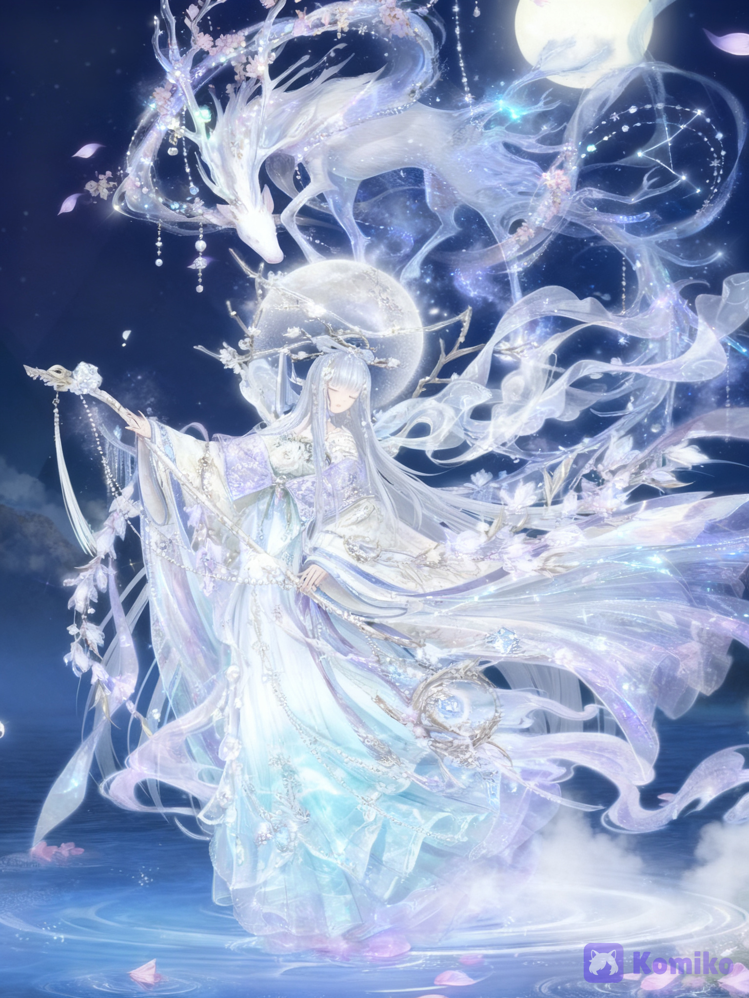 **Prompt:** A breathtaking ethereal fantasy scene featuring an elegant celestial female spirit standing gracefully on the surface of a tranquil moonlit lake. She has extremely long, flowing silver-white hair that spreads weightlessly through the air like silk and mist, with delicate strands decorated with tiny pearls, crystal ornaments, and subtle glowing particles. Her appearance is delicate, otherworldly, serene, and almost divine, with pale luminous skin and a calm, gentle expression. She wears an elaborate traditional East Asian fantasy dress in predominantly ivory white, silver, pale lavender, and translucent icy-blue tones. The dress is extremely flowing and layered, made from thin semi-transparent silk and gauze, with long trailing sleeves and enormous floating fabric ribbons surrounding her body. Intricate silver embroidery, tiny gemstones, pearl chains, floral patterns, and celestial ornaments decorate the clothing. The lower layers of the dress dissolve into mist-like translucent fabric that flows across the water. Behind and above the woman is a magnificent **giant celestial white spirit deer**, almost dragon-like in appearance. Its body is formed from luminous white fur, translucent mist, flowing spiritual energy, and delicate crystalline details. It has enormous elegant branching antlers resembling glowing white tree branches, decorated with tiny blossoms, hanging ornaments, pearls, and sparkling magical lights. Its long flowing mane and tail resemble clouds and moonlight, curling through the sky like ethereal ribbons. The creature appears protective, majestic, peaceful, and ancient rather than aggressive. The spirit deer should feel enormous compared with the woman, creating a powerful guardian-and-spirit relationship. Its body partially dissolves into luminous white mist and flowing magical energy, blending naturally into the surrounding atmosphere. The entire scene takes place at night beneath a huge glowing full moon. The background is a deep navy-blue and muted indigo night sky filled with countless tiny stars, floating particles, soft clouds, and faint magical constellations. Several delicate flowering branches extend through the composition, decorated with pale pink-white blossoms. Small flower petals drift slowly through the air. The woman stands directly on shallow crystal-clear water, creating subtle circular ripples beneath her feet. The lake reflects the moonlight, her glowing dress, and the spirit creature. Scattered pale pink flower petals float across the water. Thin layers of luminous mist hover just above the surface. Use a **dreamy celestial color palette** of midnight blue, indigo, pearl white, silver, icy blue, pale lavender, and very subtle blush pink. Strong contrast between the dark blue background and the intensely luminous white character and spirit creature. Soft moonlight rim lighting, translucent glowing edges, delicate volumetric light, subtle particles, magical sparkles, atmospheric depth, painterly gradients, elegant fantasy illustration, highly flowing fabrics, intricate ornaments, graceful composition, cinematic lighting, soft luminous highlights, sophisticated Chinese-inspired fantasy aesthetic, extremely beautiful and ethereal. **Composition:** full-body character, vertical composition, the woman positioned in the lower-middle portion of the image, giant spirit deer dominating the upper background and curling around her, large full moon behind them creating a dramatic silhouette, flowing hair and fabric connecting the foreground and background, balanced layered composition, sense of movement despite the tranquil atmosphere. **Negative prompt:** modern clothing, modern objects, realistic photography, western medieval armor, excessive saturation, harsh neon colors, flat black background, simplistic clothing, short hair, short dress, messy anatomy, extra limbs, extra fingers, deformed hands, distorted face, duplicated character, duplicated spirit animal, aggressive expression, muscular body, cluttered composition, low detail, blurry details, text, watermark, logo, signature, UI elements, borders.