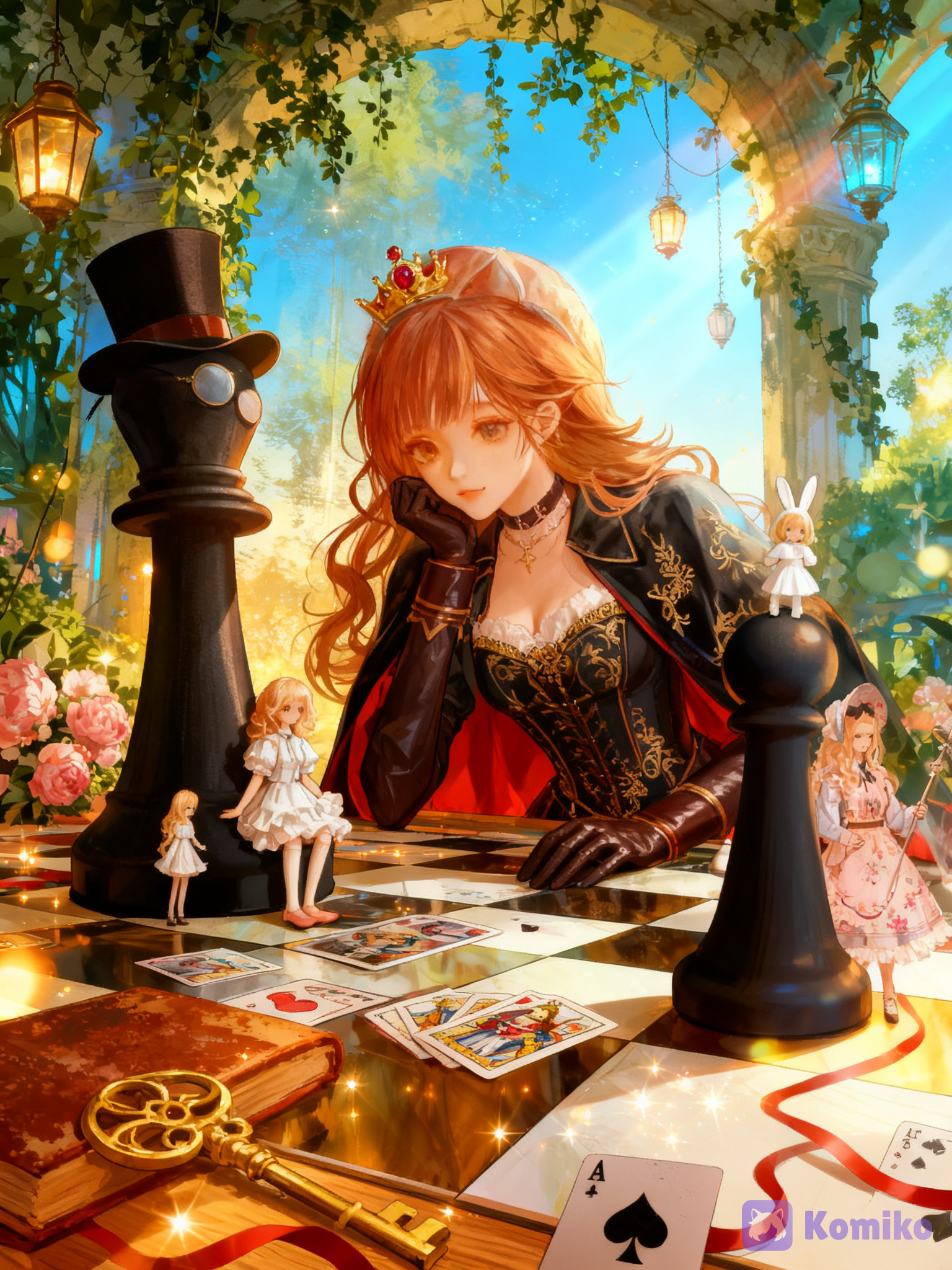 ultra-digital illustration, intricate fantasy scene, warm golden hour lighting with glowing particles and lens flares, lush magical garden background with ancient stone arches, hanging vines, and floating lanterns a beautiful 18-year-old anime girl with long wavy auburn hair, soft bangs, wearing a Victorian-style corset with intricate gold embroidery, black velvet cape with red lining, leather gloves, and a small golden crown with ruby accents she is standing on a large ornate chessboard floor, leaning slightly forward with one hand supporting her chin, looking down at the board with a calm, mysterious expression in the foreground and midground:
- a giant black chess pawn with a top hat and monocle standing next to a tiny doll-like girl (blonde, wearing a white ruffled dress) sitting on the pawn’s foot, looking up curiously
- a tiny blonde girl in a pink floral dress and hat standing on the board, holding a white rabbit staff, another tiny doll-like girl (blonde, white dress) sitting on a black chess pawn
- scattered tarot cards, playing cards (Queen of Hearts, Queen of Spades, Ace of Spades), red ribbons, a large golden key, a brown book, a bouquet of pink peonies, and glowing magical objects
- soft sparkling effects, lens flare, depth of field, highly textures on clothing, hair, wood grain, and fabric soft cinematic lighting, warm golden glow mixed with cool blue highlights, ethereal atmosphere, perfect anatomy, dynamic composition, intricate details, vibrant colors, 8k, anime style, sharp focus