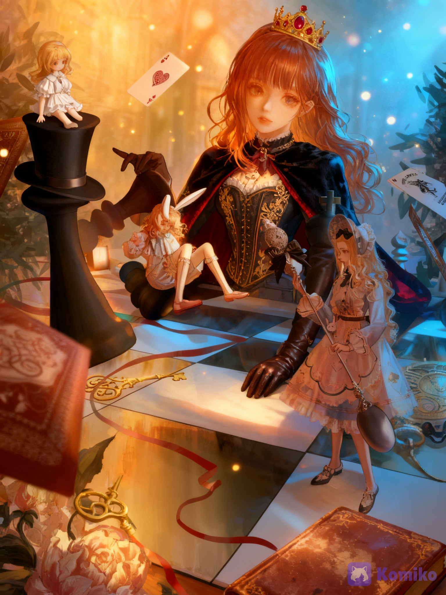 ultra-digital illustration, warm golden hour lighting with glowing particles and lens flares, ancient stone arches and lush garden background with hanging vines and floating lanterns a beautiful 18-year-old anime girl with long wavy auburn hair, soft bangs, wearing a Victorian-style corset with intricate gold embroidery, black velvet cape with red lining, leather gloves, and a small golden crown with ruby accents she is standing on a large ornate chessboard floor, one hand on her hip, the other hand gently holding a Queen of Hearts playing card, calm mysterious expression, looking down at the board giant black chess pawn with a top hat and monocle standing next to a tiny doll-like girl (blonde hair, white ruffled dress) sitting on the pawn’s foot, looking up curiously a tiny blonde girl in a pink floral dress and hat standing on the chessboard, holding a white rabbit staff, another tiny doll-like girl (blonde hair, white dress) sitting on a black chess pawn scattered elements: tarot cards, playing cards (Queen of Hearts, Queen of Spades, Ace of Spades), red ribbons, a large golden key, a brown book, a bouquet of pink peonies, glowing magical objects soft cinematic lighting, warm golden glow mixed with cool blue highlights, ethereal atmosphere, perfect anatomy, intricate details on clothing, hair, wood grain and fabric, vibrant colors, 8k, anime style, sharp focus