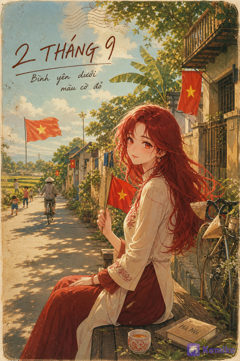 Poetic Vietnamese Independence Day illustration for September 2nd, featuring the user's original female OC as the main character. A beautiful young Vietnamese female OC with long, silky, naturally flowing RED hair, rich warm crimson-red with subtle variations of tone, soft strands moving gently in the autumn breeze. She has captivating LIGHT RED-ORANGE eyes, a delicate warm coral-orange red tone, clear and luminous but soft and natural, with elegant expressive eyes. Preserve the OC's recognizable facial features and identity. She sits quietly on a simple old wooden bench beside a peaceful Vietnamese village road, holding a small Vietnamese national flag gently in one hand. Her posture is relaxed and natural, not posing dramatically. She wears a beautiful but modest Vietnamese-inspired outfit in warm ivory, muted crimson red and earthy brown, elegant and youthful, with subtle traditional Vietnamese details. The scene takes place on a peaceful September afternoon. Behind her are simple Vietnamese houses with small red flags hanging from gates and balconies, an old bicycle leaning beside a wall, potted plants, banana leaves, a narrow countryside road, distant green rice fields and a few trees swaying softly in the wind. A few tiny everyday details — an elderly person cycling slowly in the distance, children playing far away, laundry moving gently in the breeze — make the setting feel lived-in and authentic. The Vietnamese national flag appears naturally throughout the scene rather than dominating the composition: one small flag in the OC's hand, several tiny flags outside houses, and one larger flag softly waving in the distant background. Warm golden sunlight falls gently across the scene, illuminating the OC's red hair and creating subtle warm highlights in her light red-orange eyes. Pale blue autumn sky, thin white clouds, soft sunlight filtering through tree leaves, delicate shadows on the road. Her expression is peaceful, gentle and slightly nostalgic, with a tiny sincere smile — the feeling of quietly appreciating the peaceful life around her on September 2nd. The overall composition should feel like a poetic illustrated Vietnamese postcard: intimate, warm, nostalgic and visually balanced. The OC is clearly the focal point, while the surrounding environment tells a quiet story about ordinary Vietnamese life. Color palette: warm ivory, natural brown, dusty green, muted crimson red, soft coral-orange, pale autumn blue and gentle golden yellow. Soft painterly gradients, clean elegant linework, subtle watercolor texture, cinematic diffused lighting, delicate atmospheric depth. Subtle handwritten Vietnamese text integrated into the illustration:
“2 THÁNG 9”
with a smaller handwritten line:
“Bình yên dưới màu cờ đỏ” The typography should resemble handwritten ink on a slightly aged postcard, poetic and organic, never looking like a modern advertisement. Anime / semi-realistic illustration, refined character design, exceptionally beautiful face, elegant eyes, silky red hair, natural anatomy, expressive subtle emotion, sophisticated composition, soft painterly rendering, Vietnamese autumn atmosphere, nostalgic storytelling, peaceful patriotism, authentic everyday details. No military spectacle, no fireworks, no excessive patriotic decorations, no heroic pose, no overly elaborate traditional costume, no clutter, no generic AI face, no plastic skin, no photorealism, no excessive HDR, no excessive bloom, no oversaturation, no messy hair, no distorted hands, no extra fingers, no extra limbs, no duplicated objects, no malformed anatomy, no awkward typography.