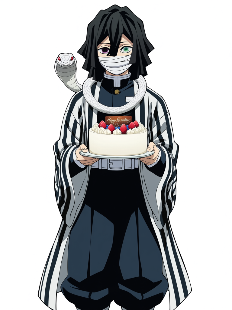 @Iguro_Obanai, kimetsu no yaiba, anime screenshot, anime coloring, happy birthday, holding birthday cake