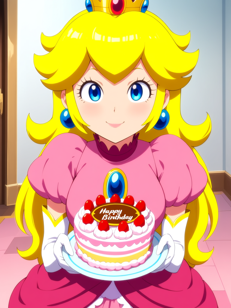 @Princess_Peach, anime screenshot, anime coloring, happy birthday, holding birthday cake, mario (series)