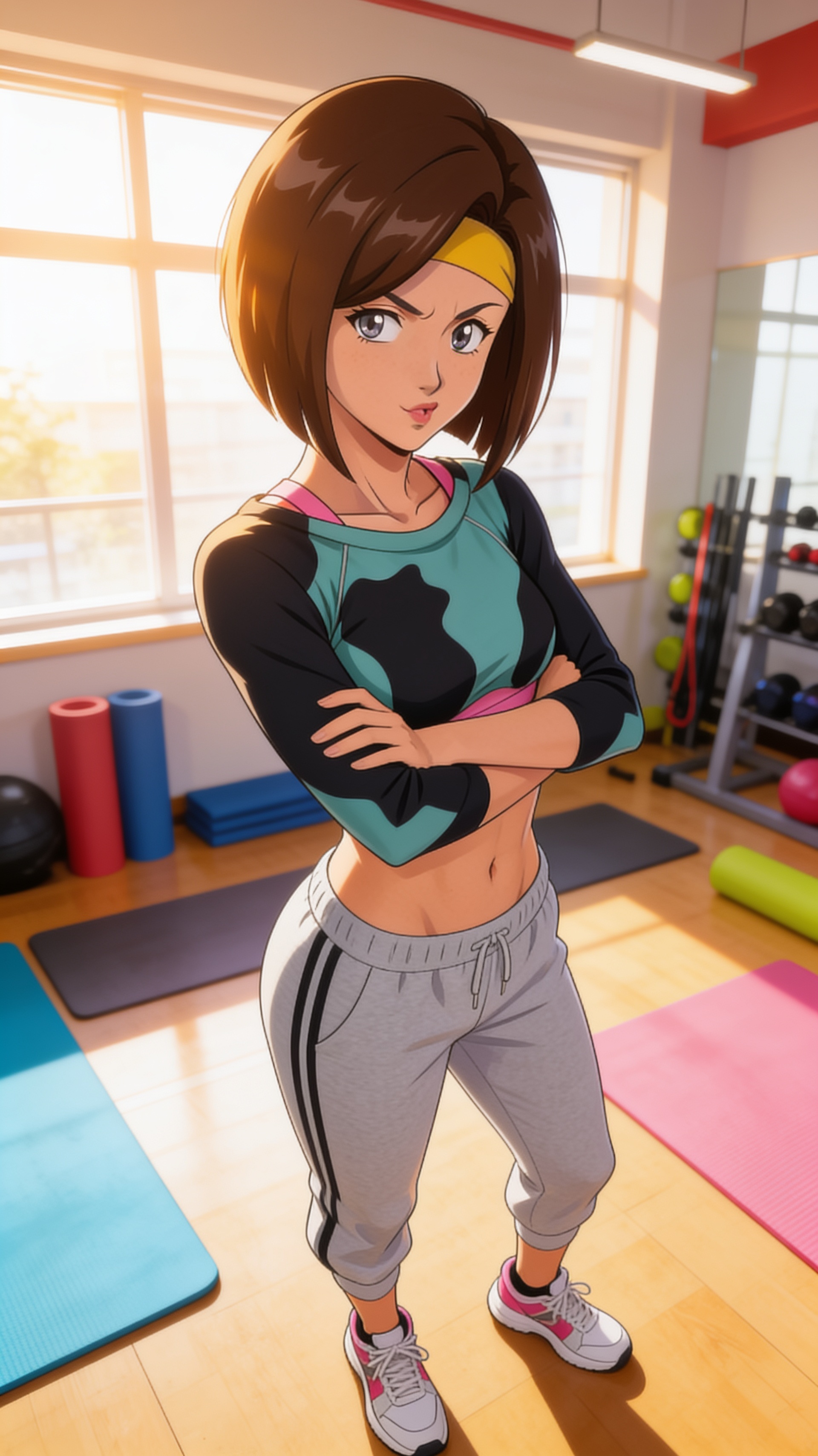 @linna-yamazaki-1SoZ A young woman in a teal crop top and grey sweatpants stands confidently in a bright fitness studio. She has a playful, sassy smirk as she crosses her toned arms, her defined abs visible. She pouts slightly, giving a sidelong glance with a teasing, defiant expression. Soft afternoon light streams through large windows, casting warm highlights on her athletic figure. The modern studio background has exercise mats and equipment, emphasizing a clean, energetic atmosphere.