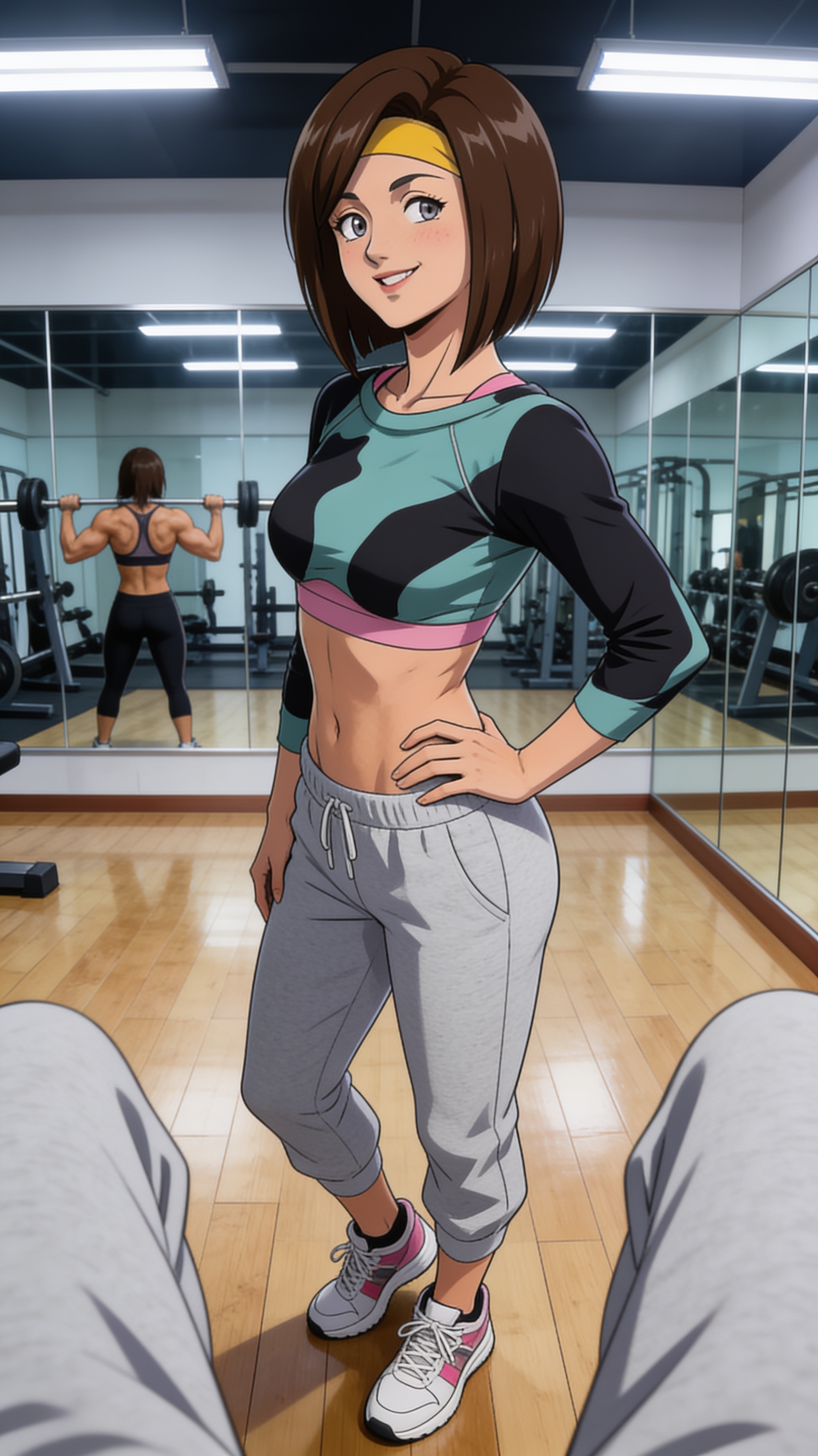@linna-yamazaki-1SoZ A gym interior bathed in cool fluorescent light, with polished wooden floors and mirrored walls reflecting the workout equipment. A woman with a fit, athletic build stands confidently, her toned abs visible beneath a teal crop top, paired with grey sweatpants. She has a sly, knowing smirk on her face as she glances sideways, a faint blush still on her cheeks. Her posture is relaxed but powerful, one hand resting on her hip. In the background, another woman with impressive muscle definition is visible, working out, while the scene is observed from a first-person viewpoint.