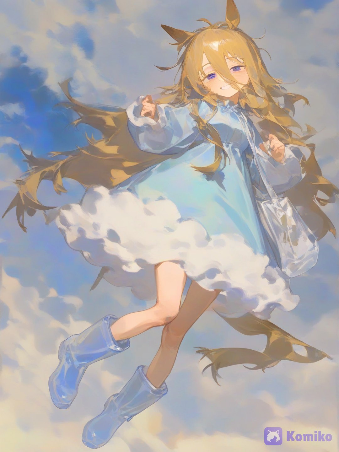 [prismatic-style], 1girl umamusume personaje original, gradient, blush, cuerpo completo, pose timida, ojos cansados, full body, messy hair, pelo rubio, pelo despeinado, flechillo largo, Altura 150 cm, peso 50 kg, cute, bota de impermeable cute, un vestido celeste fluffy de nubes con un bolso con el diseño de una nube lloviendo, un mini impermeable encima de su vestido,accesorio cute con forma de nube en su oreja de caballo izquierda, orejas de caballo, cola de caballo, smile