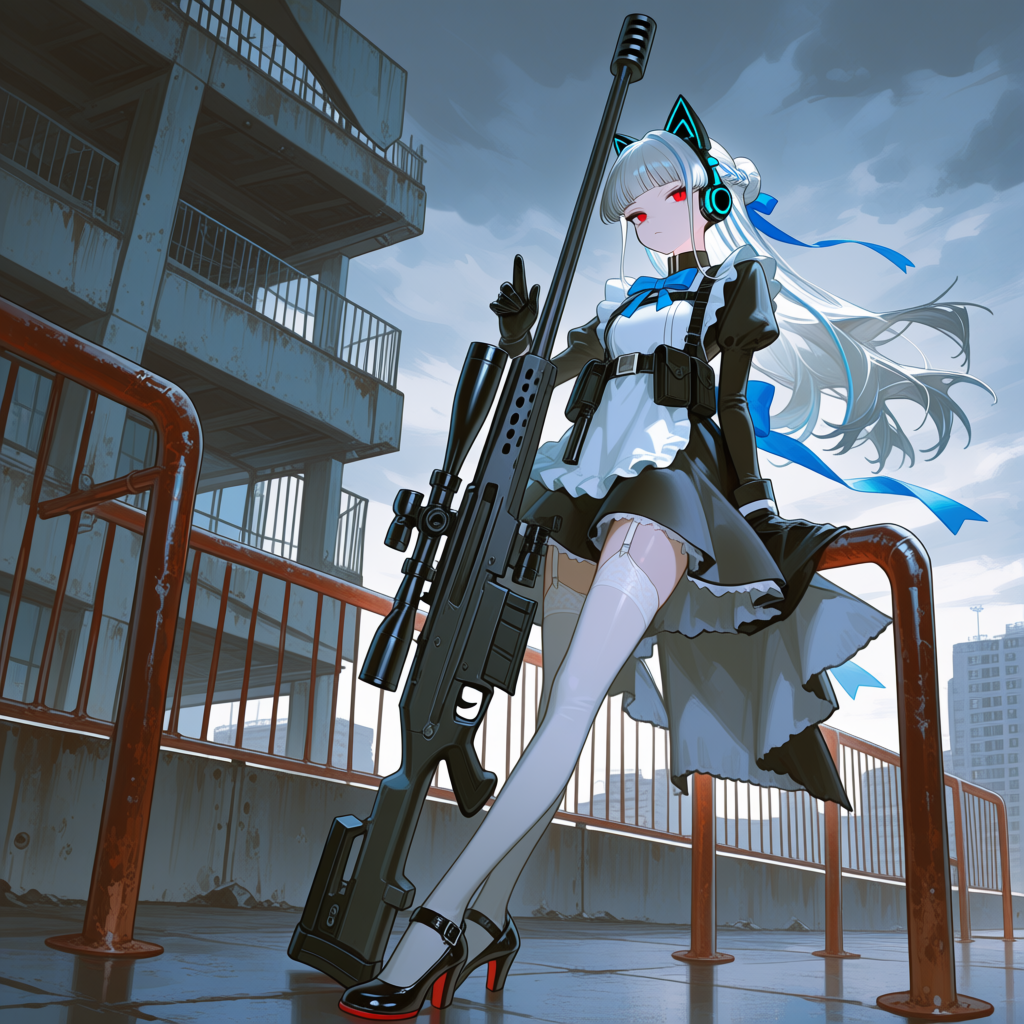 @toki-asuma-zero-0DRF, [high-gloss-illustration-style], 2D anime style, highly crisp line art. (Closeup portrait photo from a front-side side-profile angle, framing strictly from the chest up:1.4). Inside a gloomy, gritty concrete rooftop platform playground of an old modern urban apartment building background, under an overcast dark cloudy gloomy daytime sky without any rain drops. The character, Toki Zero, is beautifully framed from the chest up, standing with supreme high-tech battlefield authority. She is fully clothed in her original default costume precisely matching her reference image style: her majestic pitch-black magitech battle dress uniform short skirt suit decorated with vibrant sky blue and radiant gold glowing neon core line frames. Her gorgeous silky long straight black hair flows cleanly down, and she is wearing her black cybernetic cat-ear headphones straight on her head. Crucially, she is (leaning back comfortably against a rusty metal rooftop safety railing:1.5); positioned right beside her arms on the floor, (a heavy military observation spotting scope mounted on a tripod is active, and she is casually leaning her hand against the stock of a massive black M82 anti-materiel sniper rifle resting vertically:1.6) to show her tactical dominance. Breaking away from any weakness, her beautiful face features a strict, chilling character expression of supreme superiority; her regular fair skin is clean of any mud, (staring straight from the left deep into the rooftop scenery with a cold, blank, and expressionless dead-pan look on her face:1.6) as she monitors her target with absolute silent disdain. Her large bare sky blue eyes are wide open, narrowing slightly with an unyielding dazed proud glare of a top-tier hunter. Her long dark fabric gloves are fully intact. (Strictly a single human-based standalone character focus on the rooftop with tactical gear, no other characters inside or outside the frame:1.6). Bright natural indoor stadium lighting casting sharp contrast silver reflection lines, high-gloss illustration style, modern character slice-of-life comedy combat anime aesthetic with an intensely chilly boss ambiance., closeup