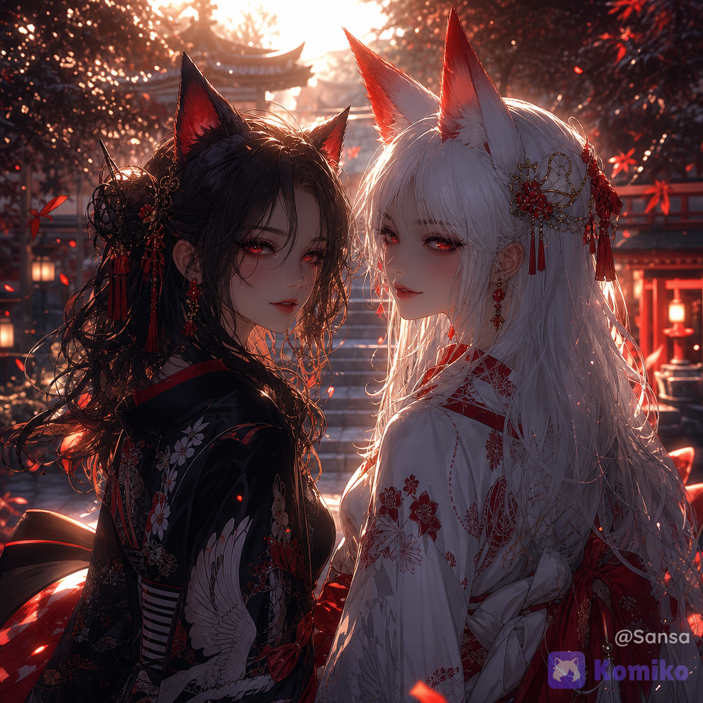 2 girl,score_7, (female focus,), ((digital illustration in manhwa style)),captivating and mysterious.The style is a blend of walk among the sakura and, conveying a mood of duo geisha and allure. The lighting is dramatic, with strong rim lighting highlighting her features a, casting deep shadows and creating an ethereal, almost otherworldly atmosphere. The color palette is dominated by deep blacks and striking reds. The scene evokes a sense of japanes tradition, elegance, and alluring power. The composition is a close-up portrait with a shallow depth of field, focusing on the two woman and her immediate surroundings, with bokeh effects enhancing the dreamlike quality. Cinematic lighting, high detail, dramatic. long eyelashes, sunlight, volumetric lighting, @sansa-90Kv, dress with black and white kimono, glowing red eyes with heart pupils, wavy jet black hair, floppy black dog ears néon-red at the end, subtle makeup, eyeliner, eyeshadow,look at her with complicity, intense atmosphere, long eyelashes, sunlight, volumetric lighting, @miki-FZ56, dressed with white and red kimono, glowing red eyes, straight white hair, fox ears red at the end, subtle makeup, red eyeliner, eyeshadow,smirk, intense atmosphere, breathtaking atmosphere 8K resolution, vibrant colors, dreamy fantasy aesthetic, cinematic fantasy look, high detail, ultra-realistic, ethereal style, delicate softness, poetic lighting, modern digital painting aesthetic, Muted soft colors, old lighting, street style fashion, depth of field, wallpaper, glowing particles, japanese temple