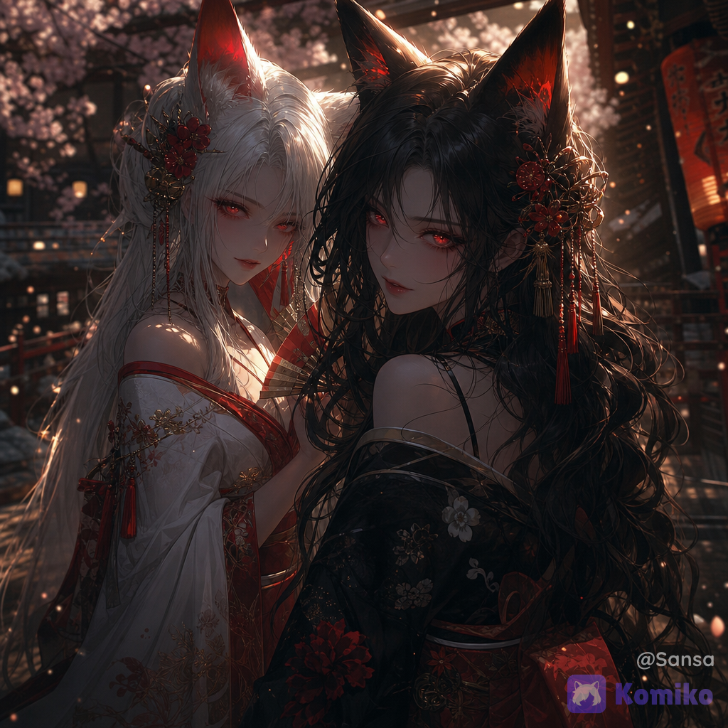 2 girl,score_7, (female focus,), ((digital illustration in manhwa style)),captivating and mysterious.The style is a blend of walk among the sakura and, conveying a mood of duo geisha and allure. The lighting is dramatic, with strong rim lighting highlighting her features a, casting deep shadows and creating an ethereal, almost otherworldly atmosphere. The color palette is dominated by deep blacks and striking reds. The scene evokes a sense of japanes tradition, elegance, and alluring power. The composition is a close-up portrait with a shallow depth of field, focusing on the two woman and her immediate surroundings, with bokeh effects enhancing the dreamlike quality. Cinematic lighting, high detail, dramatic. long eyelashes, sunlight, volumetric lighting, @sansa-90Kv, dress with black and white kimono, glowing red eyes with heart pupils, wavy jet black hair,floppy black dog ears néon-red at the end, subtle makeup, eyeliner, eyeshadow,look at her with complicity, intense atmosphere, long eyelashes, sunlight, volumetric lighting, @miki-FZ56, dressed with white and red kimono, glowing red eyes, straight white hair, fox ears red at the end, subtle makeup, red eyeliner, eyeshadow,smirk, intense atmosphere, breathtaking atmosphere 8K resolution, vibrant colors, dreamy fantasy aesthetic, cinematic fantasy look, high detail, ultra-realistic, ethereal style, delicate softness, poetic lighting, modern digital painting aesthetic, Muted soft colors, old lighting, street style fashion, depth of field, wallpaper, glowing particles, japanese temple