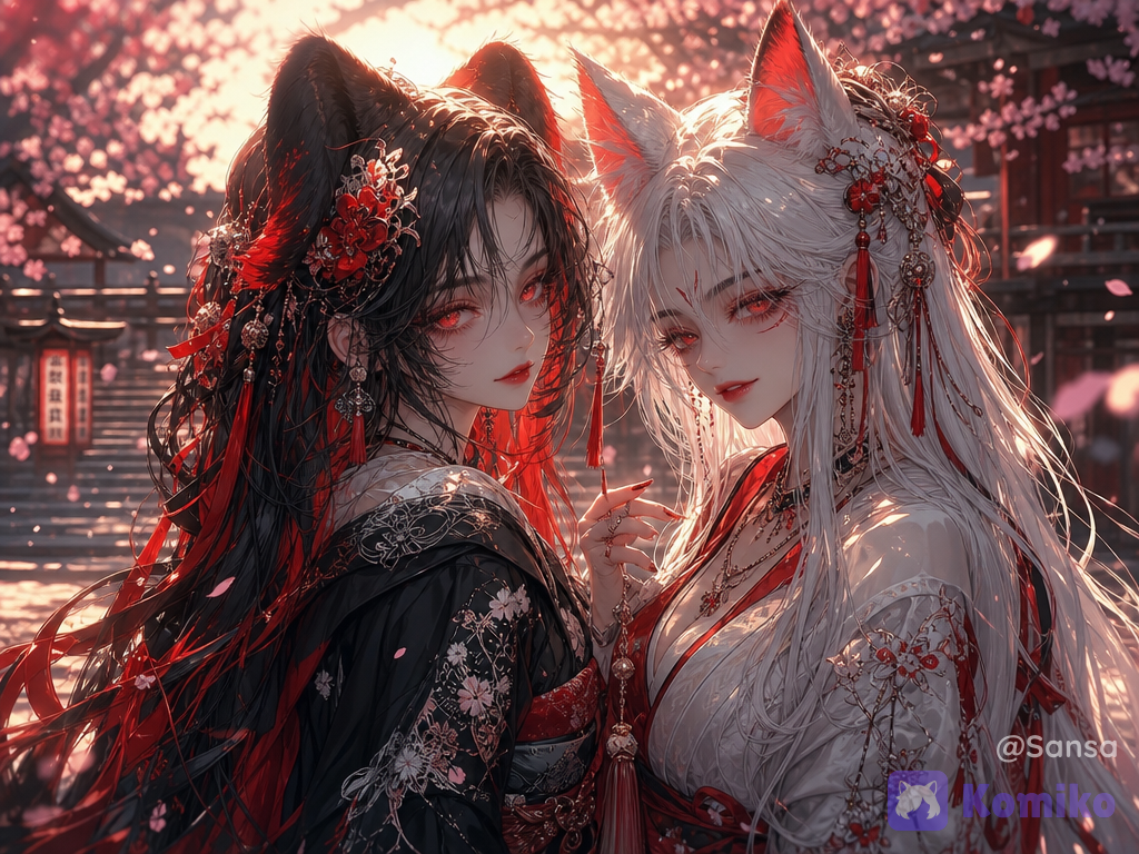 2 girl,score_7, (female focus,), ((digital illustration in manhwa style)),captivating and mysterious.The style is a blend of walk among the sakura and, conveying a mood of duo geisha and allure. The lighting is dramatic, with strong rim lighting highlighting her features a, casting deep shadows and creating an ethereal, almost otherworldly atmosphere. The color palette is dominated by deep blacks and striking reds. The scene evokes a sense of japanes tradition, elegance, and alluring power. The composition is a close-up portrait with a shallow depth of field, focusing on the two woman and her immediate surroundings, with bokeh effects enhancing the dreamlike quality. Cinematic lighting, high detail, dramatic. long eyelashes, sunlight, volumetric lighting, @sansa-90Kv, dress with black and white kimono, glowing red eyes with heart pupils, wavy jet black hair,floppy-black dog ears néon-red at the end, subtle makeup, eyeliner, eyeshadow,look at her with complicity, intense atmosphere, long eyelashes, sunlight, volumetric lighting, @miki-FZ56, dressed with white and red kimono, glowing red eyes, straight white hair, fox ears red at the end, subtle makeup, red eyeliner, eyeshadow,smirk, intense atmosphere, breathtaking atmosphere 8K resolution, vibrant colors, dreamy fantasy aesthetic, cinematic fantasy look, high detail, ultra-realistic, ethereal style, delicate softness, poetic lighting, modern digital painting aesthetic, Muted soft colors, old lighting, street style fashion, depth of field, wallpaper, glowing particles, japanese temple