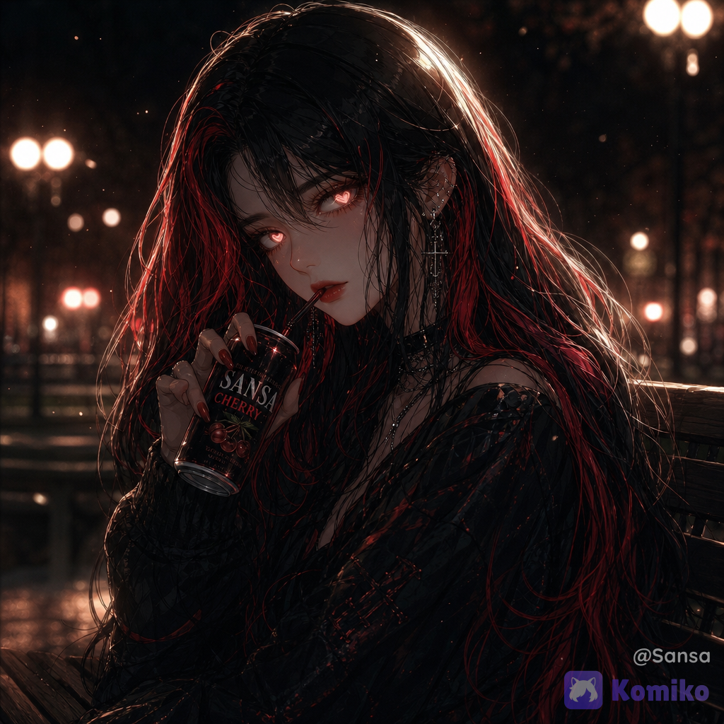 score_7, (female focus,a woman), ((digital illustration in manhwa style)), ( withe eyes with glowing heart pupils, long wavy jet black hair with néon-red highlights, subtle makeup, eyeliner, eyeshadow),red lipstick,captivating and mysterious.The style is a blend of modern and, conveying a mood of pop-stars and allure . The lighting is dramatic, with strong rim lighting highlighting her features, casting deep shadows and creating an ethereal, almost otherworldly atmosphere. The color palette is dominated by deep blacks and striking reds. The scene evokes a sense of pop culture, elegance, and alluring fragile. The composition is a close-up portrait with a shallow depth of field, focusing on the woman and her immediate surroundings, with bokeh effects enhancing the dreamlike quality. Cinematic lighting, high detail, dramatic. long eyelashes, sunlight, volumetric lighting, @sansariel-evil-sansa-Sjnu,bois a la paille une canette de sansa cherry, pensive, warm and intimate atmosphere, breathtaking atmosphere 8K resolution, vibrant colors, fantasy aesthetic, cinematic fantasy look, high detail, ultra-realistic, ethereal style, delicate softness, poetic lighting, modern digital painting aesthetic, Muted soft colors, old lighting, street style fashion, depth of field, wallpaper, glowing particles, night park