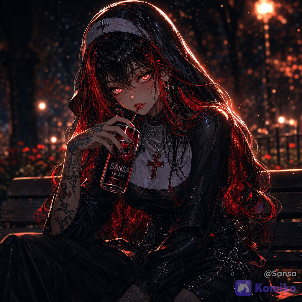 score_7, (female focus,a woman), ((digital illustration in manhwa style)), ( withe eyes with glowing heart pupils, long wavy jet black hair with néon-red highlights, subtle makeup, eyeliner, eyeshadow),red lipstick,captivating and mysterious.The style is a blend of modern and, conveying a mood of pop-stars and allure . The lighting is dramatic, with strong rim lighting highlighting her features, casting deep shadows and creating an ethereal, almost otherworldly atmosphere. The color palette is dominated by deep blacks and striking reds. The scene evokes a sense of pop culture, elegance, and alluring fragile. The composition is a close-up portrait with a shallow depth of field, focusing on the woman and her immediate surroundings, with bokeh effects enhancing the dreamlike quality. Cinematic lighting, high detail, dramatic. long eyelashes, sunlight, volumetric lighting, @sansariel-evil-sansa-Sjnu, with nun outfit,bois a la paille une canette de sansa cherry, pensive, warm and intimate atmosphere, breathtaking atmosphere 8K resolution, vibrant colors, fantasy aesthetic, cinematic fantasy look, high detail, ultra-realistic, ethereal style, delicate softness, poetic lighting, modern digital painting aesthetic, Muted soft colors, old lighting, street style fashion, depth of field, wallpaper, glowing particles, night park