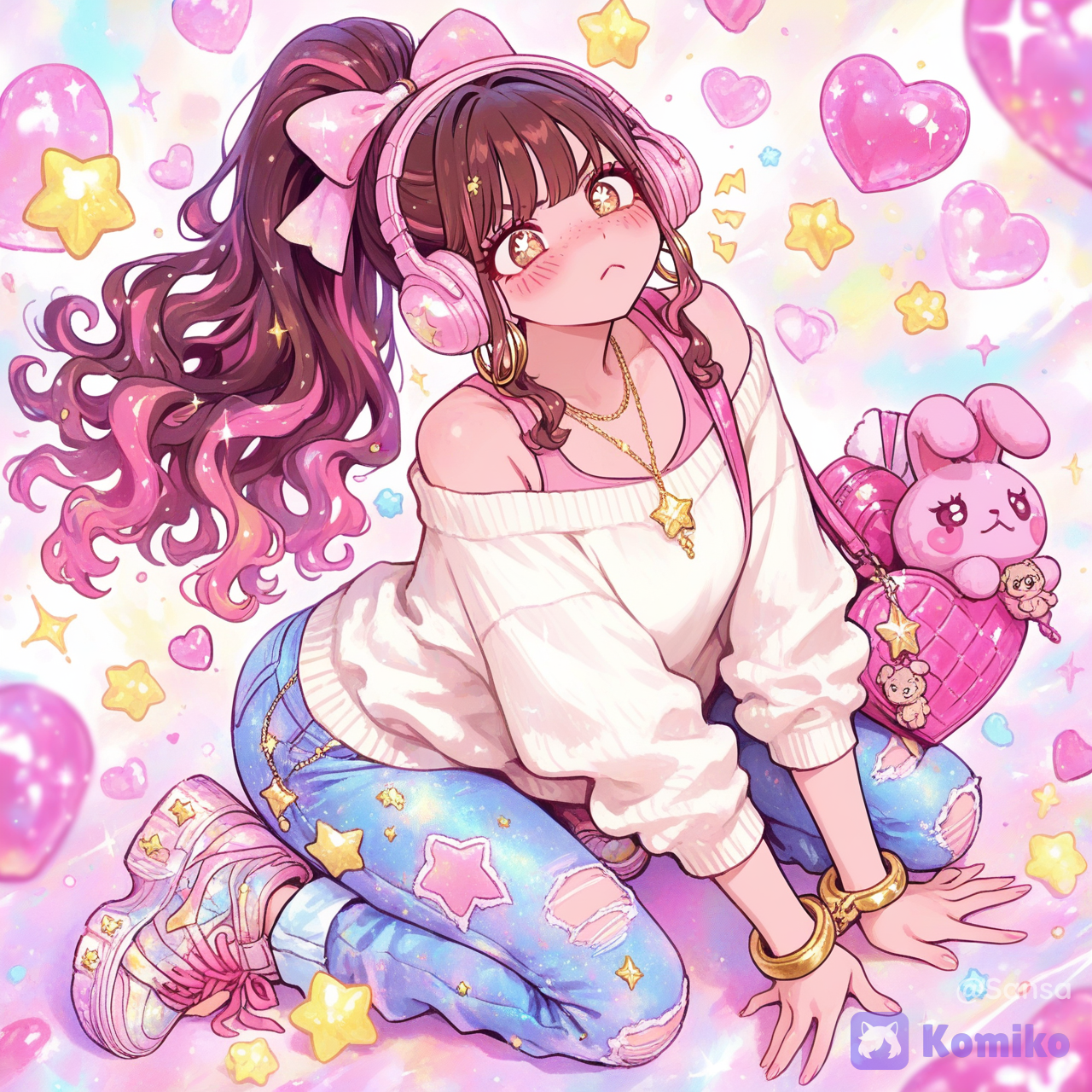 absurdres, ultra 8k, extremely cute kawaii girl, full body, adorable beautiful face, big sparkling eyes, rosy cheeks, making an ultra cute kawaii expression and slightly crossing her eyes playfully, angry and energetic vibe and throwing a table, wearing a cute outfit, charming pose, soft pastel colors, sparkling effects, heart symbols floating around, highly face and hair, diamonds crown on is head,perfect kawaii aesthetic, anime style, maximum cuteness, enchanting and lovable, @avery-me-tvbn, [sweet-painting-style], sparkles, sparkle, depth of field, glitter, glittery skin, glimmer, full body