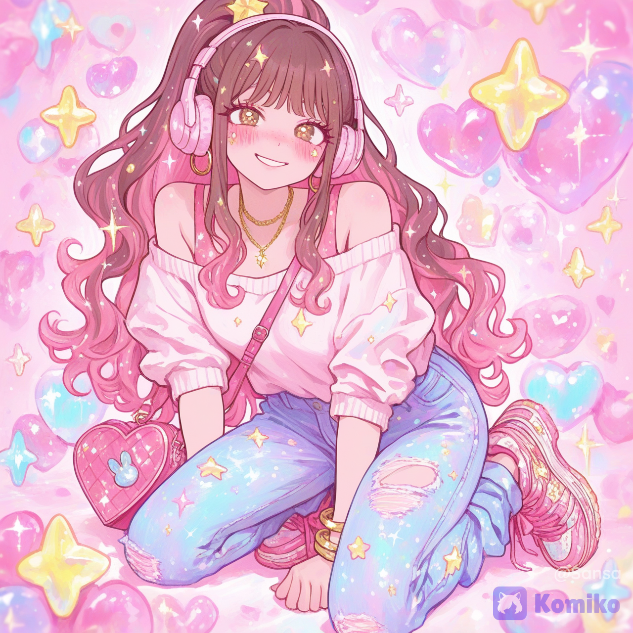 absurdres, ultra 8k, extremely cute kawaii girl, full body, adorable beautiful face, big sparkling eyes, rosy cheeks, making an ultra cute kawaii expression and slightly crossing her eyes playfully, cute and energetic vibe diamonds crown on is head, wearing a cute outfit, charming pose, soft pastel colors, sparkling effects, heart symbols floating around, highly face and hair,perfect kawaii aesthetic, anime style, maximum cuteness, enchanting and lovable, @avery-me-tvbn, [sweet-painting-style], sparkles, sparkle, depth of field, glitter, glittery skin, glimmer, full body