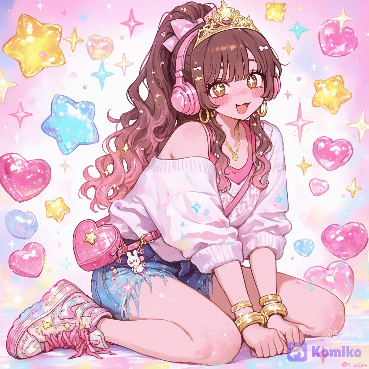 absurdres, ultra 8k, extremely cute kawaii girl, full body, adorable beautiful face, big sparkling eyes, rosy cheeks, making an ultra cute kawaii expression and slightly crossing her eyes playfully, sad and energetic vibe diamonds crown on is head, wearing a cute outfit, charming pose, soft pastel colors, sparkling effects, heart symbols floating around, highly face and hair,perfect kawaii aesthetic, anime style, maximum cuteness, enchanting and lovable, @avery-me-tvbn, [sweet-painting-style], sparkles, sparkle, depth of field, glitter, glittery skin, glimmer, full body