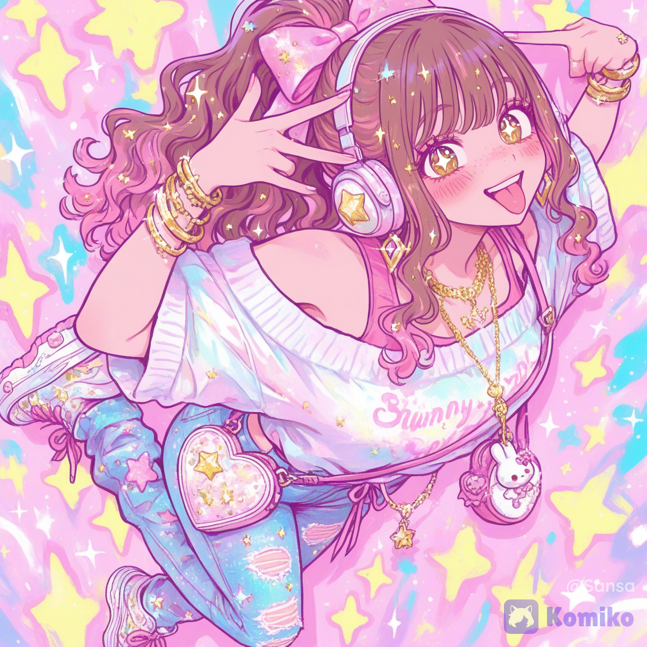 absurdres, ultra 8k, extremely cute kawaii girl, full body, adorable beautiful face, big sparkling eyes, rosy cheeks, making an ultra cute kawaii expression and slightly crossing her eyes playfully, grimace and energetic vibe diamonds crown on is head, wearing a cute outfit, charming pose, soft pastel colors, sparkling effects, heart symbols floating around, highly face and hair,perfect kawaii aesthetic, anime style, maximum cuteness, enchanting and lovable, @avery-me-tvbn, [sweet-painting-style], sparkles, sparkle, depth of field, glitter, glittery skin, glimmer, full body