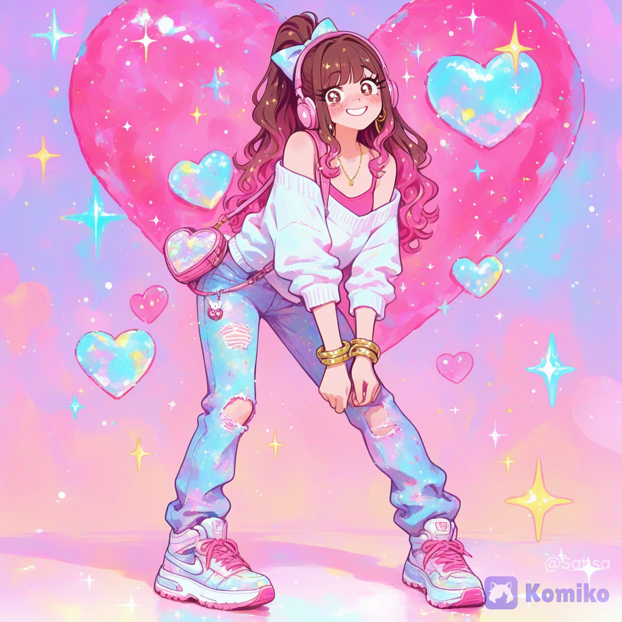 absurdres, ultra 8k, extremely cute kawaii girl, full body, adorable beautiful face, big sparkling eyes, rosy cheeks, making an ultra cute kawaii expression and slightly crossing her eyes playfully, blush and shy vibe, diamonds crown on is head, wearing a cute outfit, charming pose, soft pastel colors, sparkling effects, heart symbols floating around, highly face and hair,perfect kawaii aesthetic, anime style, maximum cuteness, enchanting and lovable, @avery-me-tvbn, [sweet-painting-style], sparkles, sparkle, depth of field, glitter, glittery skin, glimmer, full body