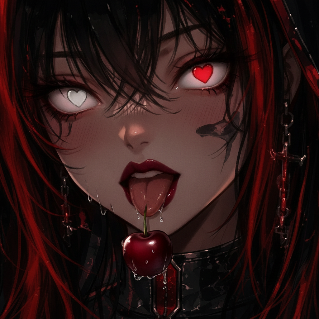 @sansariel-evil-sansa-Sjnu, white eye with heart pupils,thick lips, thick eyelashes, headshot, blush, dark background, tongue out, saliva, close-up portrait, wet cherry on tongue