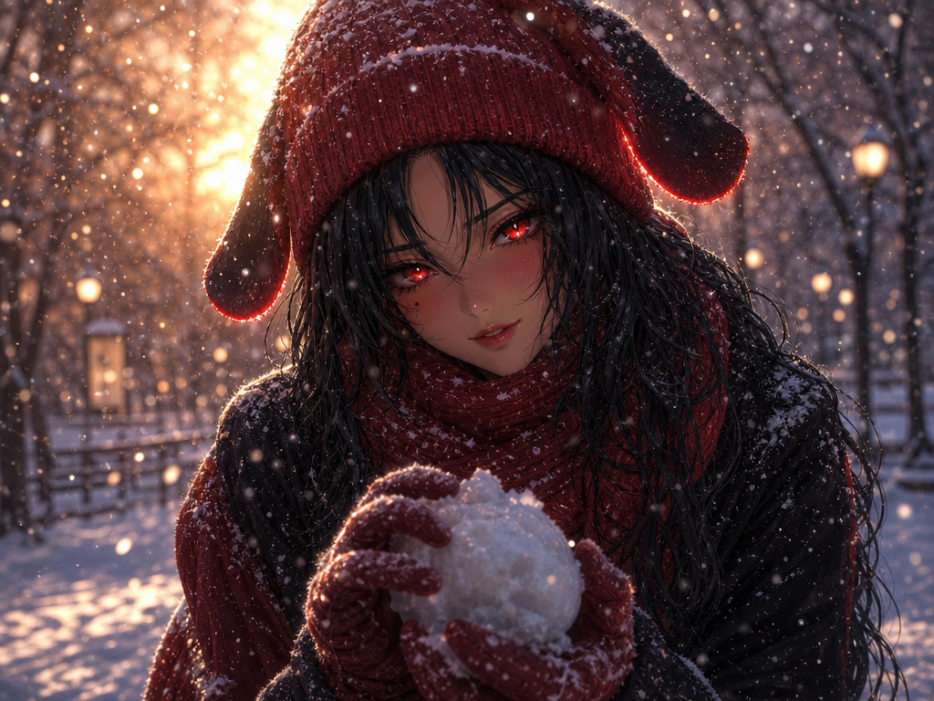 score_7, (female focus,a woman), ((digital illustration in manhwa style)), ( glowing red eyes, wavy jet black hair, floppy black dog ears red-néon at the end, subtle makeup, eyeliner, eyeshadow),red lipstick,captivating and mysterious.The style is a blend of end of the night and, conveying a mood joy of and allure of sharing. The lighting is dramatic, with strong rim lighting highlighting her features, casting deep shadows and creating an ethereal, almost otherworldly atmosphere. The color palette is dominated by glittehring white and striking reds. The scene evokes a sense childhood game, soft, and alluring warmith. The composition is a close-up portrait with a shallow depth of field, focusing on the woman and her immediate surroundings, with bokeh effects enhancing the dreamlike quality. Cinematic lighting, high detail, dramatic. long eyelashes, sunlight, volumetric lighting, @miss-sansa-U4zC, les joues rougie par le froid,dans tenue complète d'hiver avec écharpe et bonnet rouge, avec un petit sourire acceuillant, faisant une boule de neige, les yeux brillant, warm and intimate atmosphere, breathtaking atmosphere 8K resolution, vibrant colors, fantasy aesthetic, cinematic fantasy look, high detail, ultra-realistic, ethereal style, delicate softness, poetic lighting, modern digital painting aesthetic, Muted soft colors, old lighting, street style fashion, depth of field, wallpaper, glowing particles, dehors dans un park enneigée pendant qu'il neige
