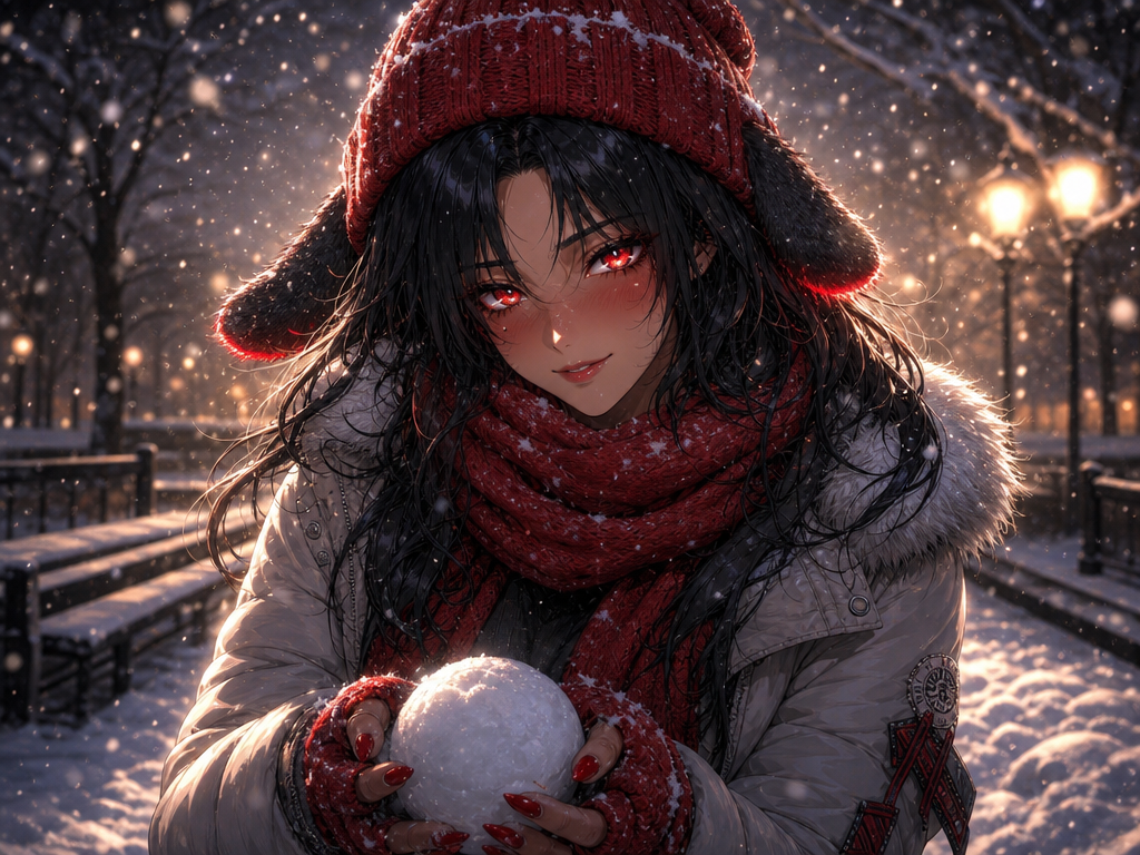 score_7, (female focus,a woman), ((digital illustration in manhwa style)), ( glowing red eyes, wavy jet black hair, floppy black dog ears red-néon at the end, subtle makeup, eyeliner, eyeshadow),red lipstick,captivating and mysterious.The style is a blend of end of the night and, conveying a mood joy of and allure of sharing. The lighting is dramatic, with strong rim lighting highlighting her features, casting deep shadows and creating an ethereal, almost otherworldly atmosphere. The color palette is dominated by glittehring white and striking reds. The scene evokes a sense childhood game, soft, and alluring warmith. The composition is a cow boy plan with a shallow depth of field, focusing on the woman and her immediate surroundings, with bokeh effects enhancing the dreamlike quality. Cinematic lighting, high detail, dramatic. long eyelashes, sunlight, volumetric lighting, @miss-sansa-U4zC, les joues rougie par le froid,dans tenue complète d'hiver avec écharpe et bonnet rouge, avec un petit sourire acceuillant, faisant une boule de neige, les yeux brillant, warm and intimate atmosphere, breathtaking atmosphere 8K resolution, vibrant colors, fantasy aesthetic, cinematic fantasy look, high detail, ultra-realistic, ethereal style, delicate softness, poetic lighting, modern digital painting aesthetic, Muted soft colors, old lighting, street style fashion, depth of field, wallpaper, glowing particles, dehors dans un park enneigée pendant qu'il neige