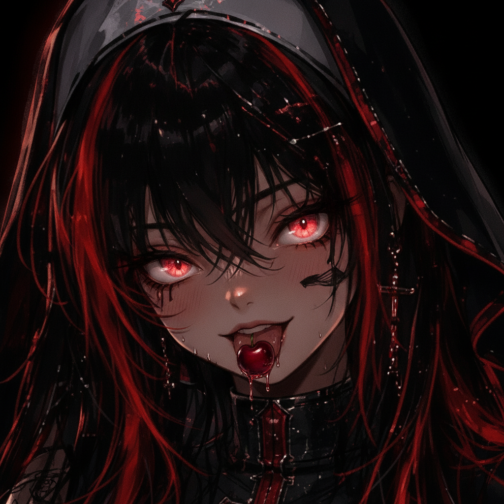 @sansariel-evil-sansa-Sjnu, thick lips, thick eyelashes, headshot, blush, dark background, tongue out, saliva, close-up portrait, wet cherry on tongue