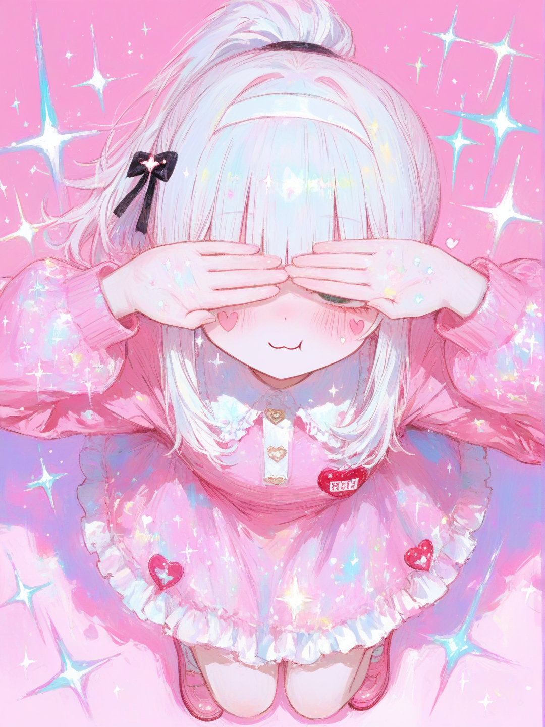 absurdres, ultra 8k, extremely cute kawaii girl, full body, adorable beautiful face, rosy cheeks, making an ultra cute kawaii expression and slightly crossing her eyes playfully, angry and energetic vibe,white hair ponytail with brand covering the eyes wearing a cute outfit, charming pose, soft pastel colors, sparkling effects, heart symbols floating around, highly face and hair, perfect kawaii aesthetic, anime style, maximum cuteness, enchanting and lovable, @luna-daQe[sweet-painting-style], sparkles, sparkle, depth of field, glitter, glittery skin, glimmer, full body