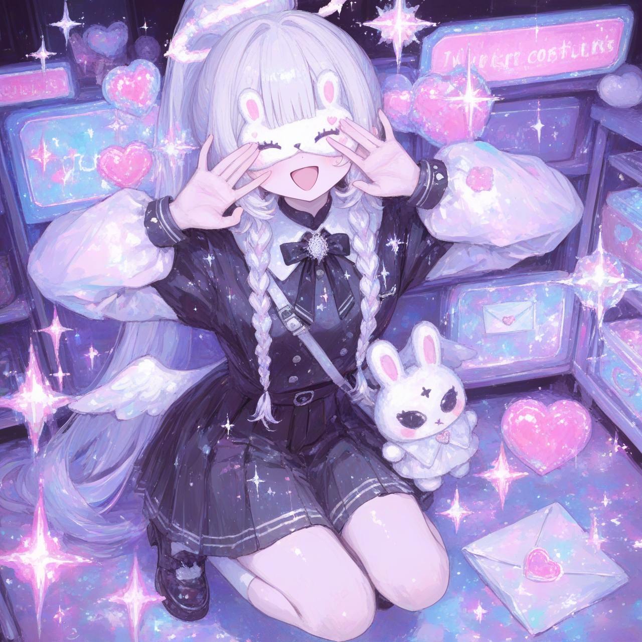 absurdres, ultra 8k, extremely cute kawaii girl, full body, adorable beautiful face, rosy cheeks, making an ultra cute kawaii expression and slightly crossing her eyes playfully, sad and energetic vibe,white hair ponytail with brand covering the eyes wearing a cute outfit, charming pose, soft pastel colors, sparkling effects, heart symbols floating around, highly face and hair, perfect kawaii aesthetic, anime style, maximum cuteness, enchanting and lovable, @luna-daQe[sweet-painting-style], sparkles, sparkle, depth of field, glitter, glittery skin, glimmer, full body