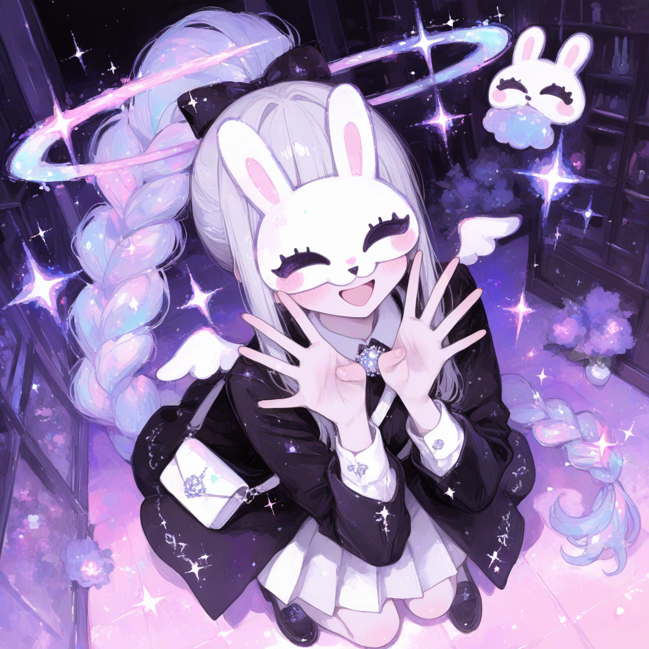 absurdres, ultra 8k, extremely cute kawaii girl, full body, adorable beautiful face, rosy cheeks, making an ultra cute kawaii expression and slightly crossing her eyes playfully, upset and energetic vibe,white hair ponytail with brand covering the eyes wearing a cute outfit, charming pose, soft pastel colors, sparkling effects, heart symbols floating around, highly face and hair, perfect kawaii aesthetic, anime style, maximum cuteness, enchanting and lovable, @luna-daQe[sweet-painting-style], sparkles, sparkle, depth of field, glitter, glittery skin, glimmer, full body