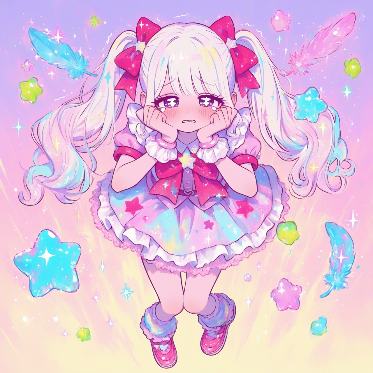 absurdres, ultra 8k, extremely cute kawaii girl, full body, adorable beautiful face, rosy cheeks, making an ultra cute kawaii expression and slightly crossing her eyes playfully, sadness and despair vibe,white hair ponytail with brand the eyes wearing a cute outfit, charming pose, soft pastel colors, sparkling effects, heart symbols floating around, highly face and hair, perfect kawaii aesthetic, anime style, maximum cuteness, enchanting and lovable, @luna-daQe[sweet-painting-style], sparkles, sparkle, depth of field, glitter, glittery skin, glimmer, full body
