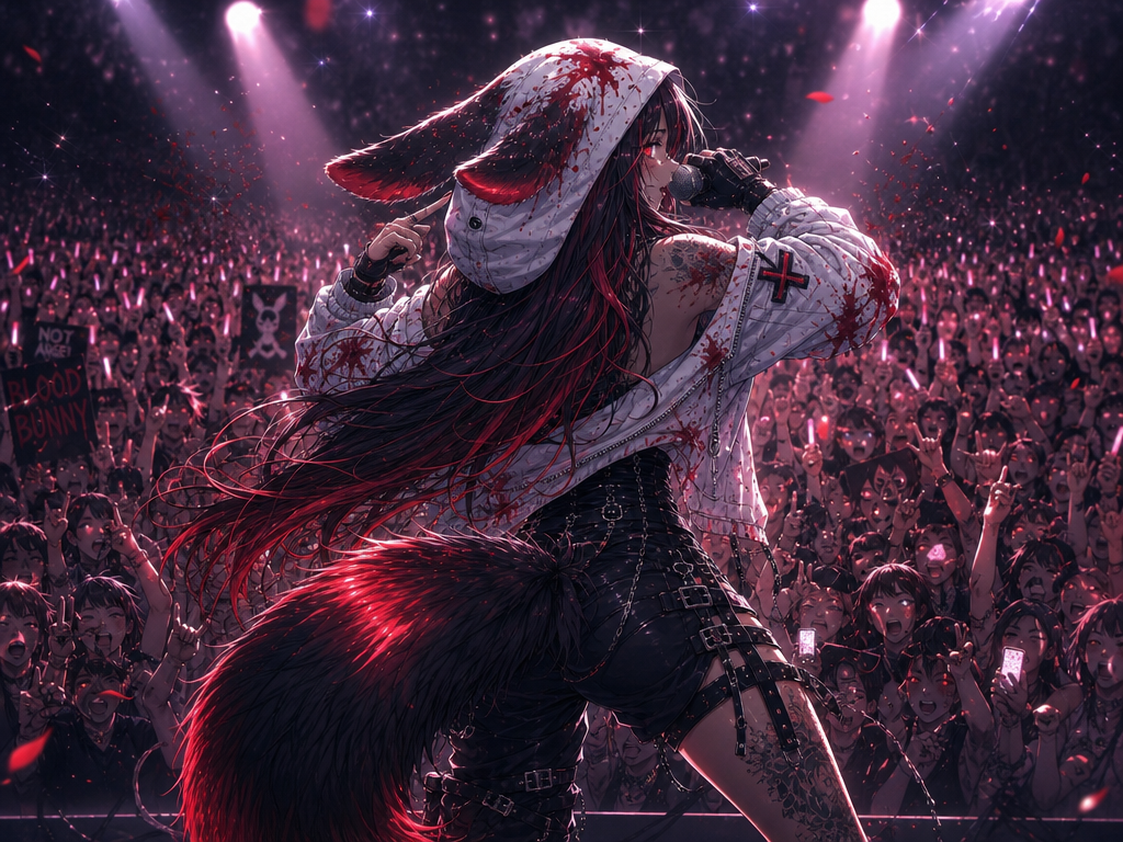 met le personnage dos au spectateur en bas d'une scène dans le public au milieux d'eux, dans un chant trés intense et émotionnel une main sur le micro le bras passant devant la poitrine l'autre main qui imite de ce tirée dans la tempe, l'oeil rouge brillant visible a la pupille en coeur, le chant est puissant et energique et semble déchainée les fans,r, scène intense et émotionnelle