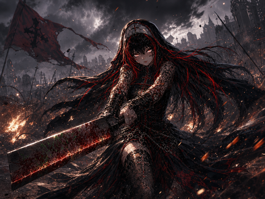 @sansariel-evil-sansa-Sjnu met le personnage en scène dans une scène de champ de bataille épique, dynamique mouvement,evite la saturation des couleur pour la visibilitée, couleur vibrante