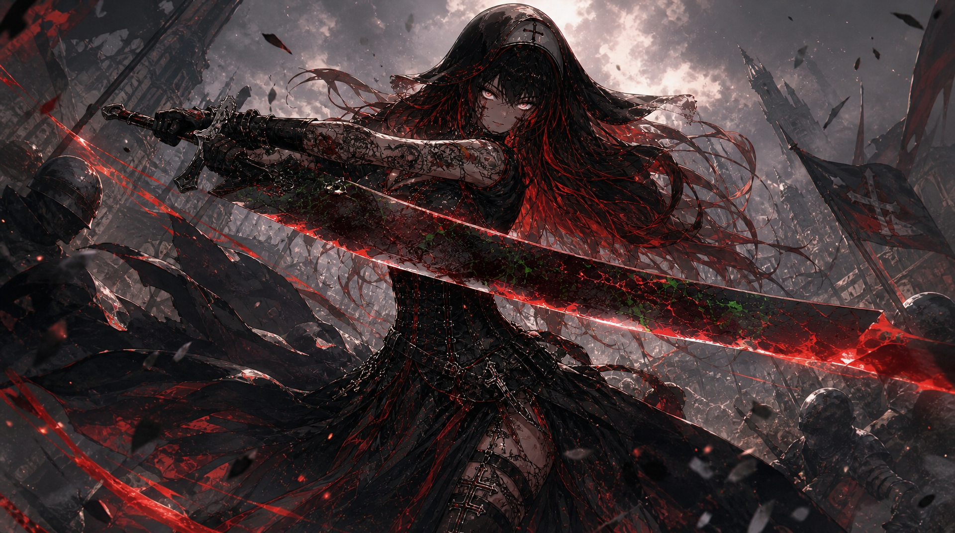 @sansariel-evil-sansa-Sjnu met le personnage en scène dans une scène de champ de bataille épique, dynamique mouvement,evite la saturation des couleur pour la visibilitée, couleur vibrante, sharp line