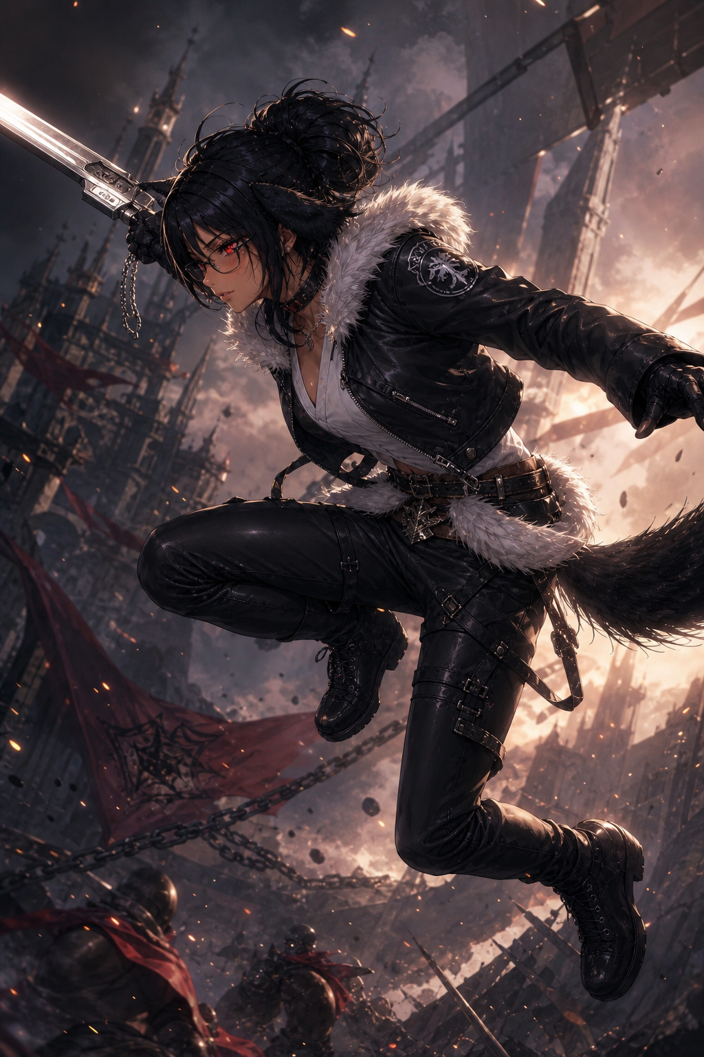 @sansa-sMUY met le personnage en scène dans un cosplay de Squall de final fanasy 8, dans un bond avant dynamique comme pendant un combat, scène de combat épique, décors magnifoque héroique fantasy, plan de vue de coté