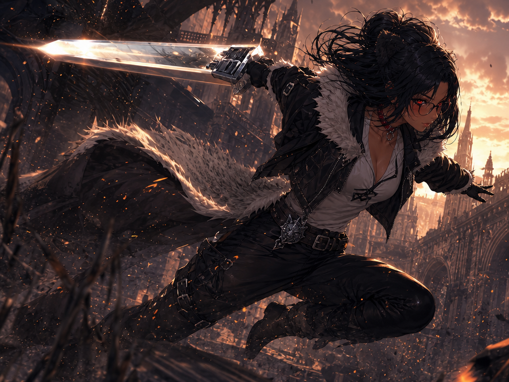 @sansa-sMUY met le personnage en scène dans un cosplay de Squall de final fanasy 8, dans un bond avant dynamique comme pendant un combat, scène de combat épique, décors magnifoque héroique fantasy, plan de vue de coté
