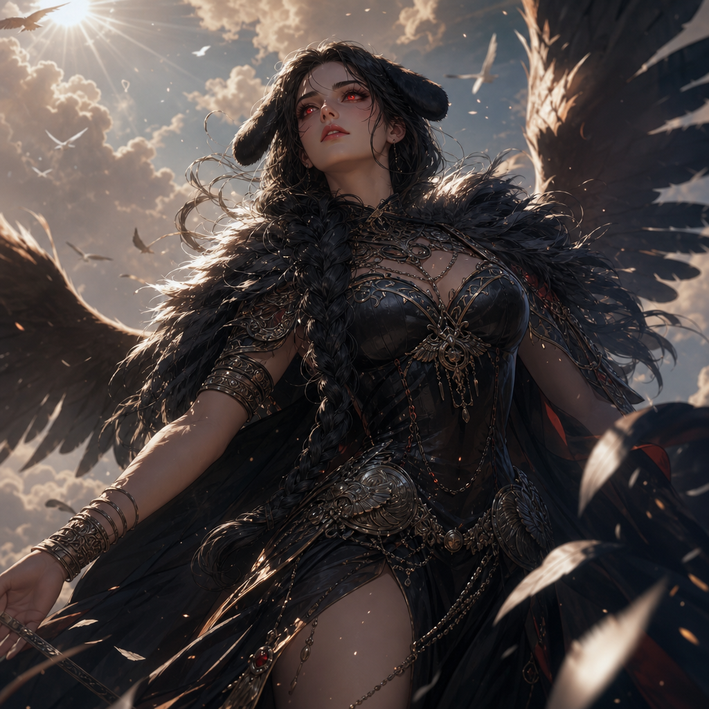 score_7, (female focus,a woman), ((digital illustration in manhwa style)), ( glowing red eyes, long wavy jet black hair single thick braid hairstyle, floppy black dog ears, subtle makeup, eyeliner, eyeshadow),captivating and mysterious.The style is a blend of modern and, conveying a mood of divine war and allure. The lighting is dramatic, with strong rim lighting highlighting her features, casting deep shadows and creating an ethereal, almost otherworldly atmosphere. The color palette is dominated by deep blacks and striking reds. The scene evokes a sense of nordique folk, elegance, and alluring power. The composition is a cow boy plan with a shallow depth of field, focusing on the woman and her immediate surroundings, with bokeh effects enhancing the dreamlike quality. Cinematic lighting, high detail, dramatic. long eyelashes, sunlight, volumetric lighting, @miss-sansa-U4zC, dans une tenue de valkyrie ailée nordique, dans une pose divine et guerrière,powerfull and divine atmosphere, dynamisme, breathtaking atmosphere 8K resolution, vibrant colors, dreamy fantasy aesthetic, cinematic fantasy look, high detail, ultra-realistic, ethereal style, delicate softness, poetic lighting, modern digital painting aesthetic, Muted soft colors, old lighting, street style fashion, depth of field, wallpaper, glowing particles, dans le ciel magnifique pendant de jour