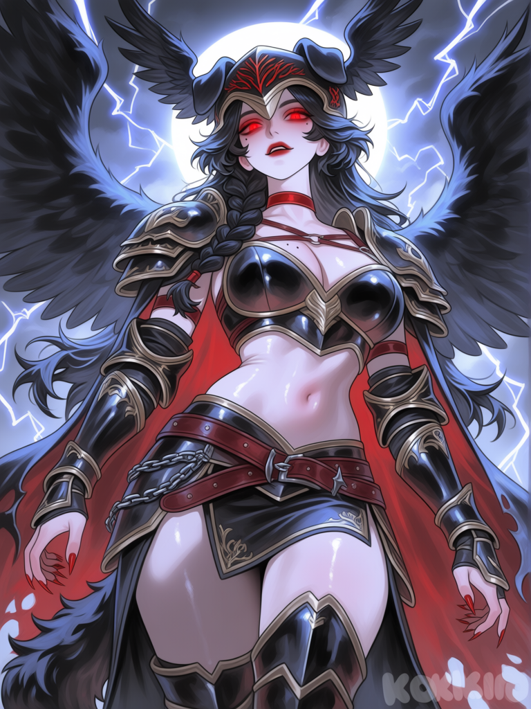 1Girl, @sansa-sMUY, dark_valkyrie, Full_armor, heavy_Armor, black_armor, full_breastplate_ armor, Armor_gauntlets, armor_elbow_pads, armor_shoulder_pads, gold_trim, crow_wings, torn_cape, winged_helmet, feathered_wings, chain, belts, plate_skirt, thigh_high_boots, storm, lightning, norse_mythology, elite, queen, intimidating, glowing_eyes, [polished-illustration-style]