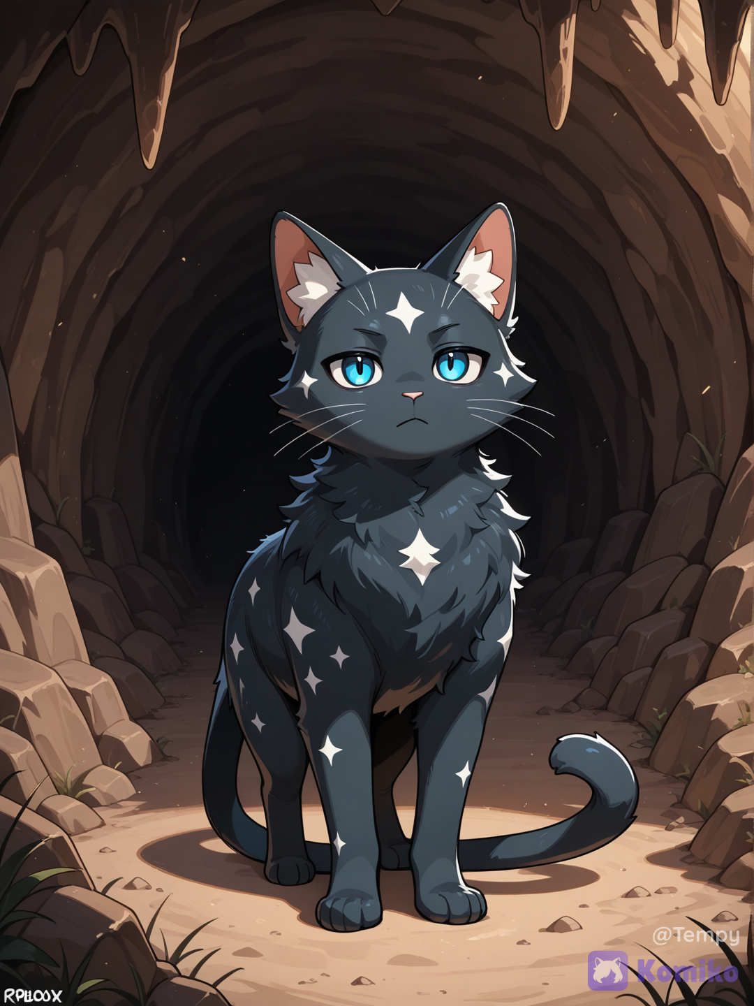 Black cat in Warrior Cats Ultimate Edison in Roblox, white star patterns on fur, blue eyes, in Shadow Clan medical den, med cat, male, serious, fluffy fur, long tail, looking at herbs, no human features, in cave