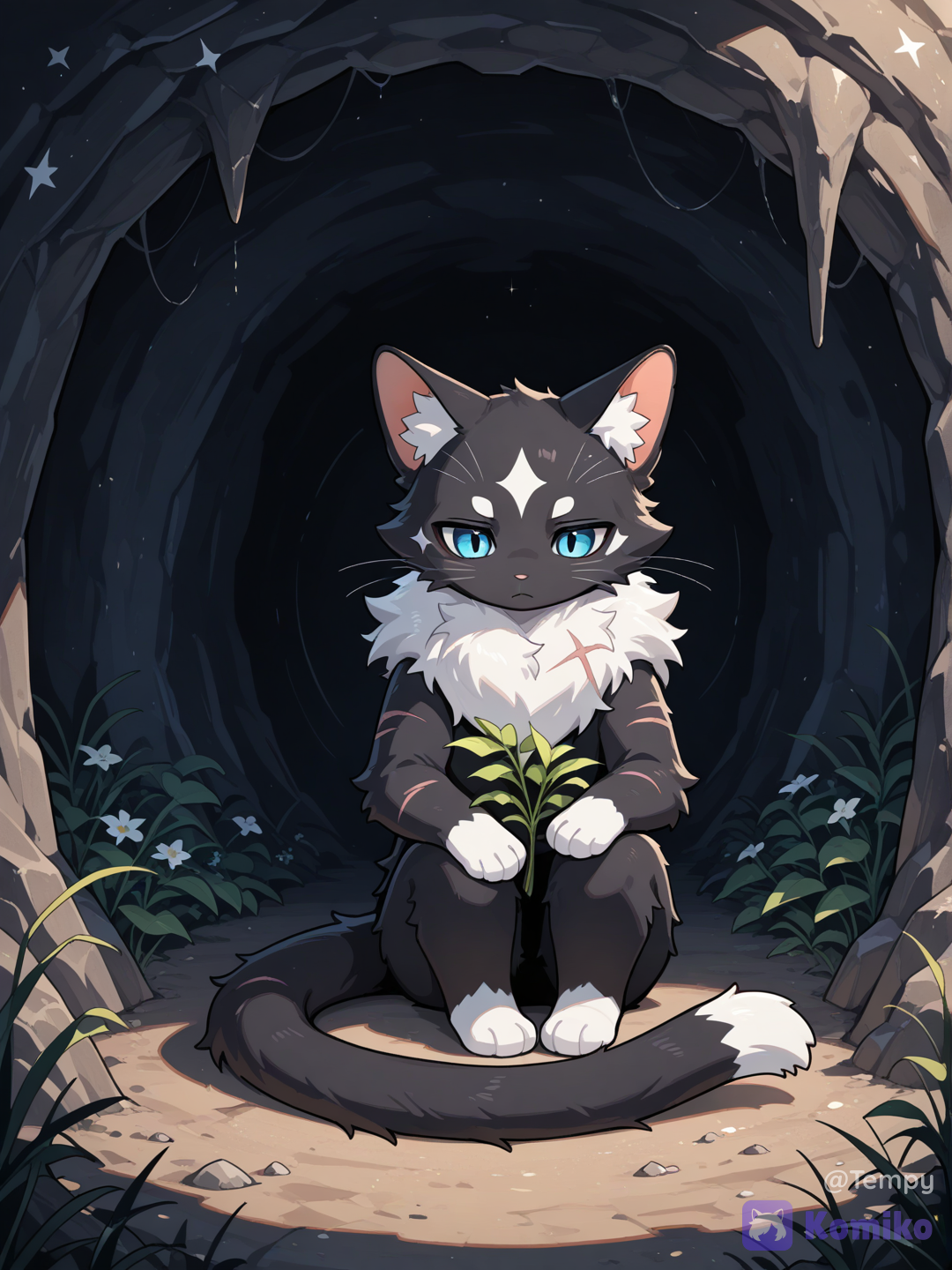Black cat in Warrior Cats Ultimate Edison in Roblox, white star patterns on fur, blue eyes, in Shadow Clan medical den, med cat, male, serious, fluffy fur, long tail, looking at herbs, no human features, in cave, by cat-sized nests, holding a herb in his left front paw, sitting down, long fur, scars