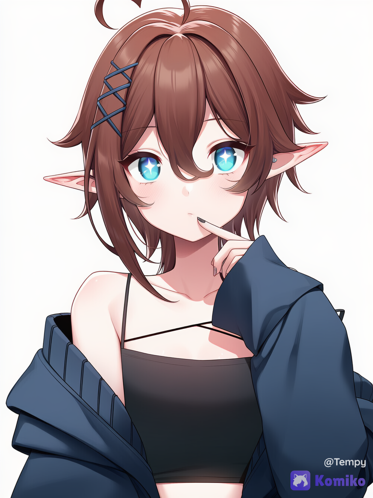 Tempy, my profile picture, dark ashy brownish red hair, teal eyes, skinny, pale skin, pointy elf ears, black top with spaghetti traps making an x over her chest, baggy blueish black jacket that hangs off her shoulders, hair clips
