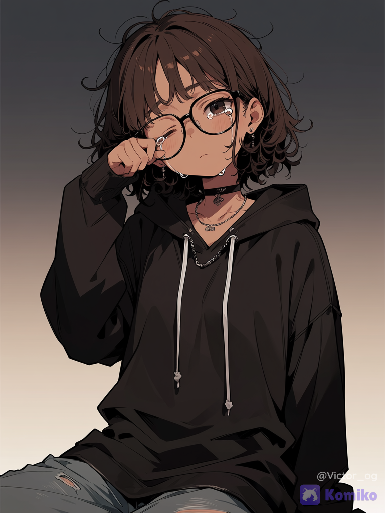1girl, wiping tears, head tilt, expressionless, depressed, crying, one eye closed, hoodie, oversized hoodie, wide-leg pants, earrings, necklace, choker, glasses, loose hair, messy hair, brown hair, curly hair, dark brown eyes, charcoal black, sitting on the ground, cowboy shot, closeup, window light, gradient background