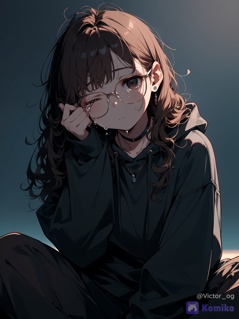 1girl, wiping tears, head tilt, expressionless, depressed, crying, one eye closed, hoodie, oversized hoodie, wide-leg pants, earrings, necklace, choker, glasses, loose hair, messy hair, brown hair, curly long hair, dark brown eyes, charcoal black, sitting on the ground, cowboy shot, closeup, window light, gradient background